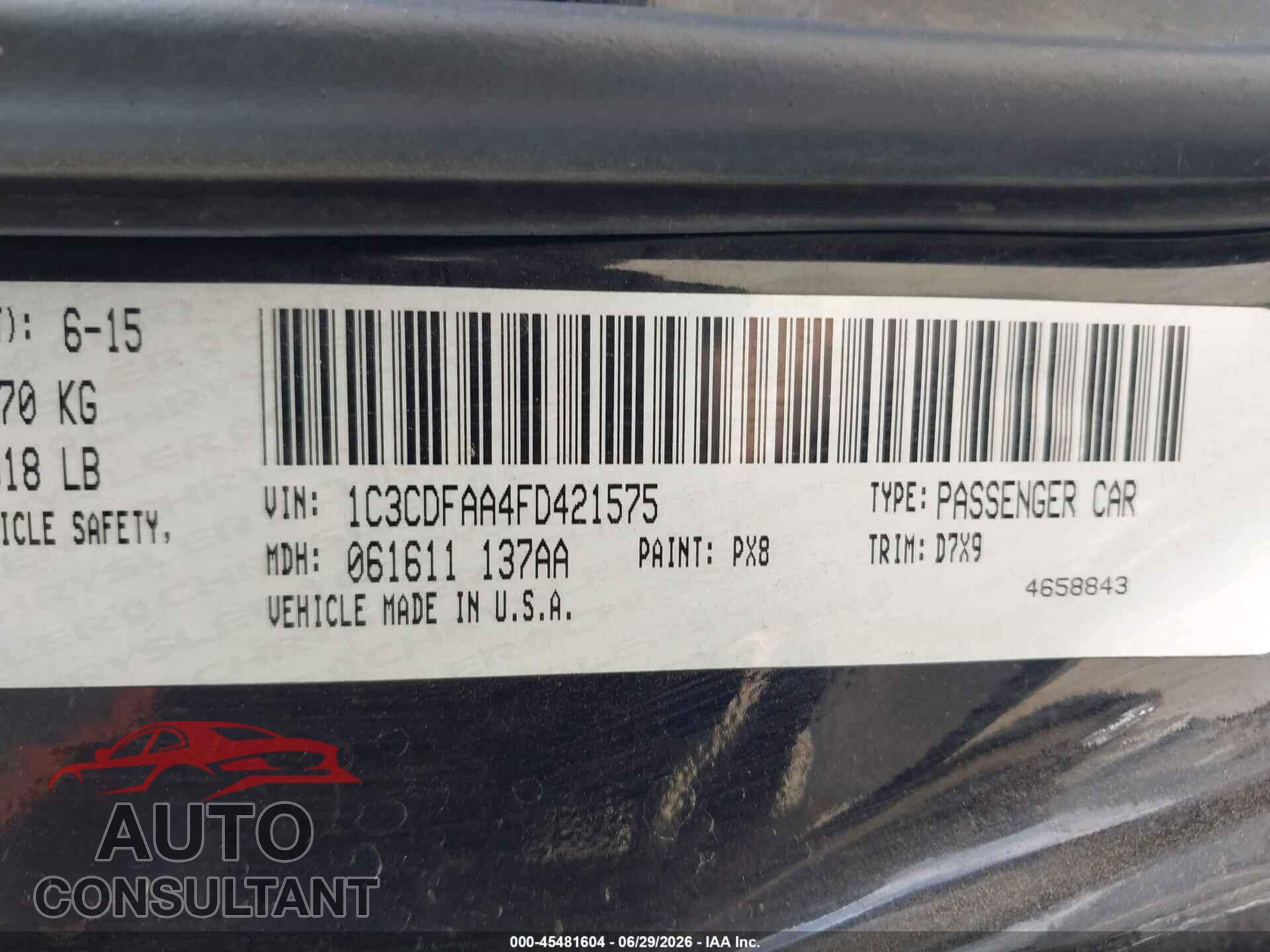 DODGE DART 2015 - 1C3CDFAA4FD421575