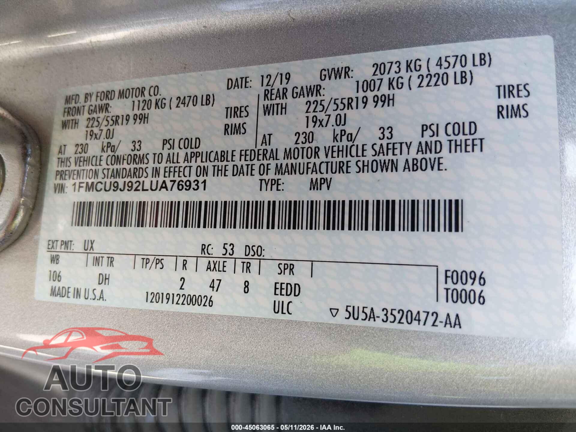 FORD ESCAPE 2020 - 1FMCU9J92LUA76931