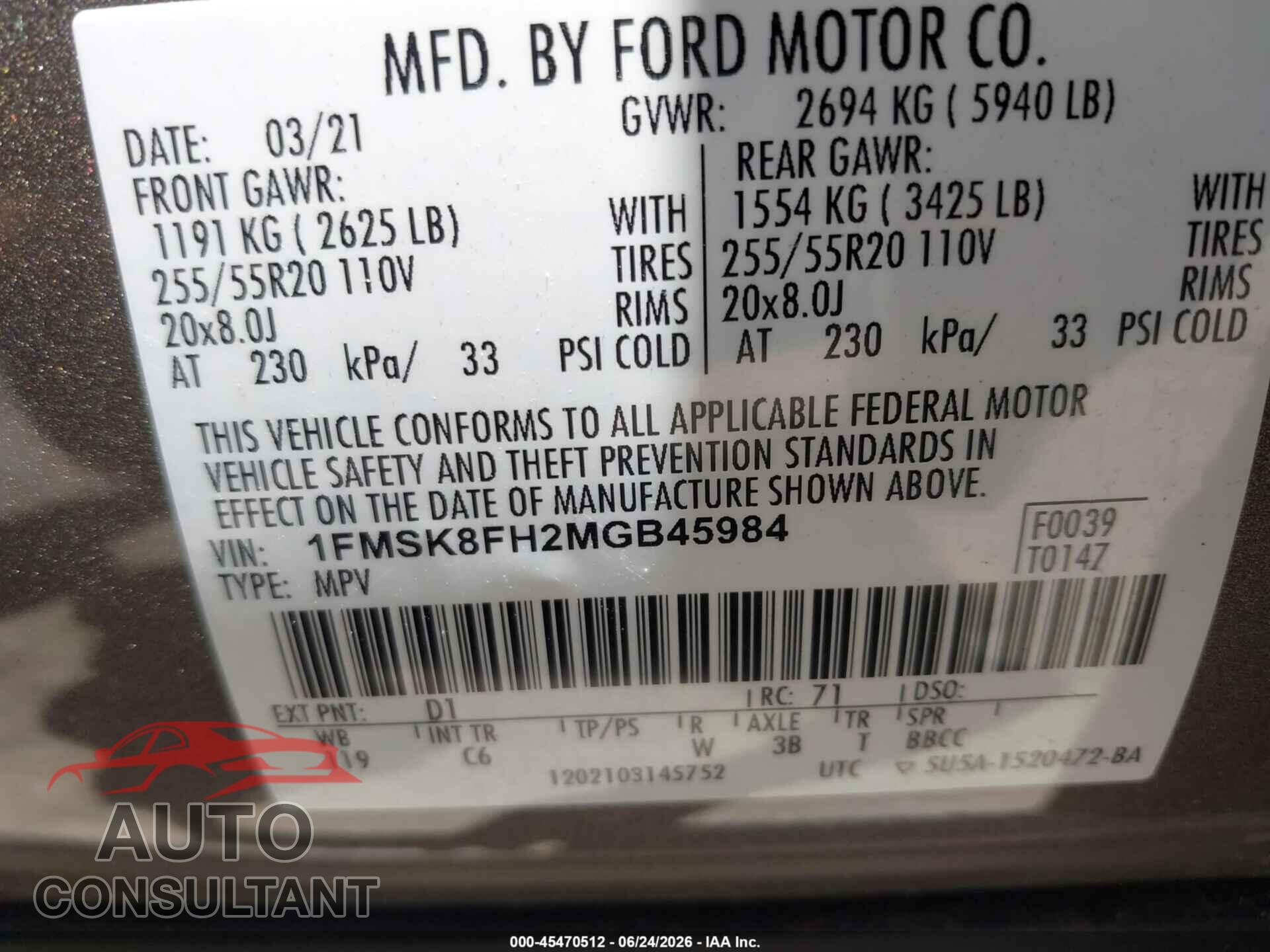 FORD EXPLORER 2021 - 1FMSK8FH2MGB45984