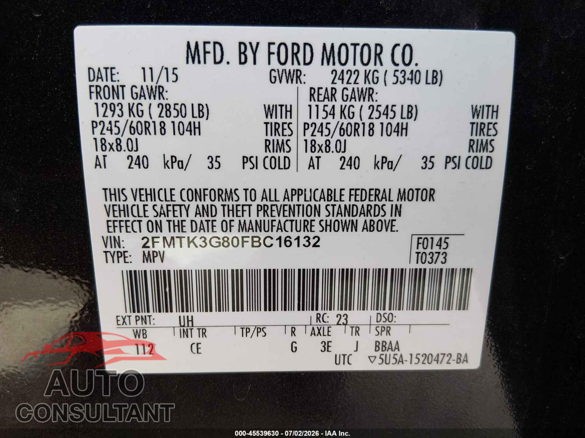 FORD EDGE 2015 - 2FMTK3G80FBC16132