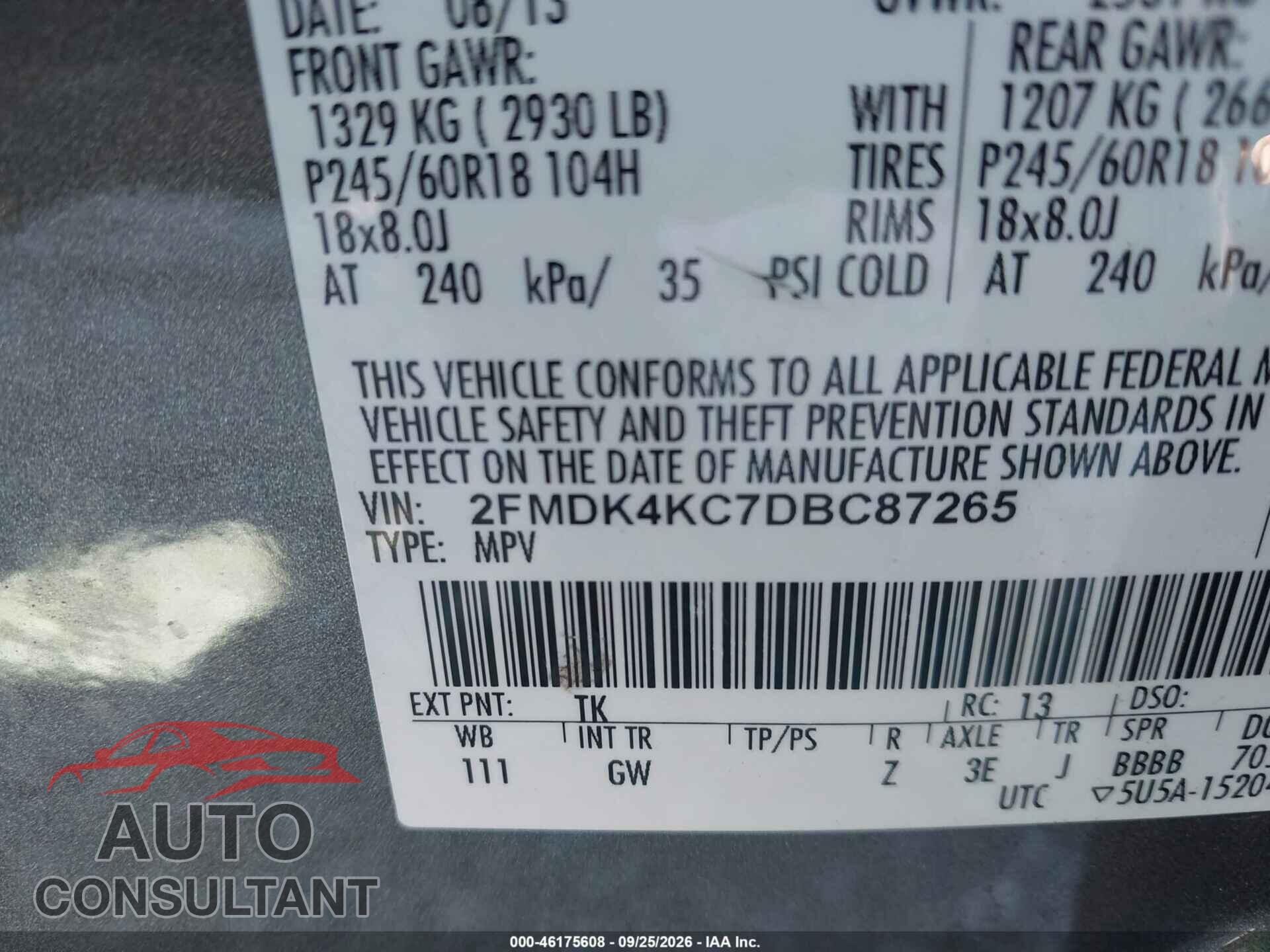 FORD EDGE 2013 - 2FMDK4KC7DBC87265