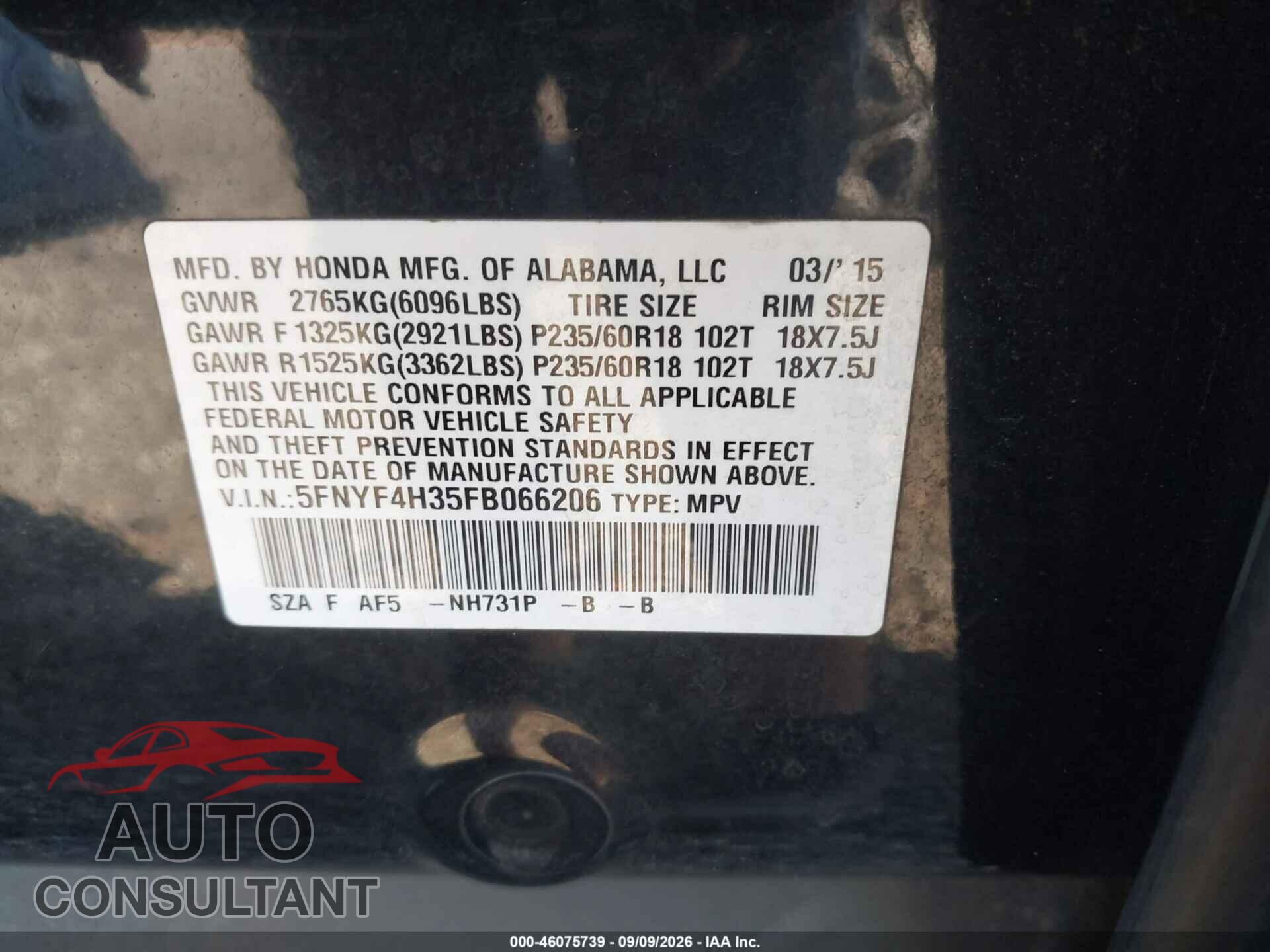 HONDA PILOT 2015 - 5FNYF4H35FB066206