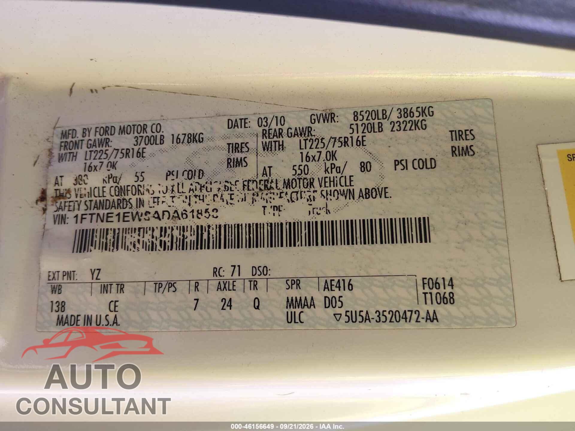 FORD E-150 2010 - 1FTNE1EW8ADA61858