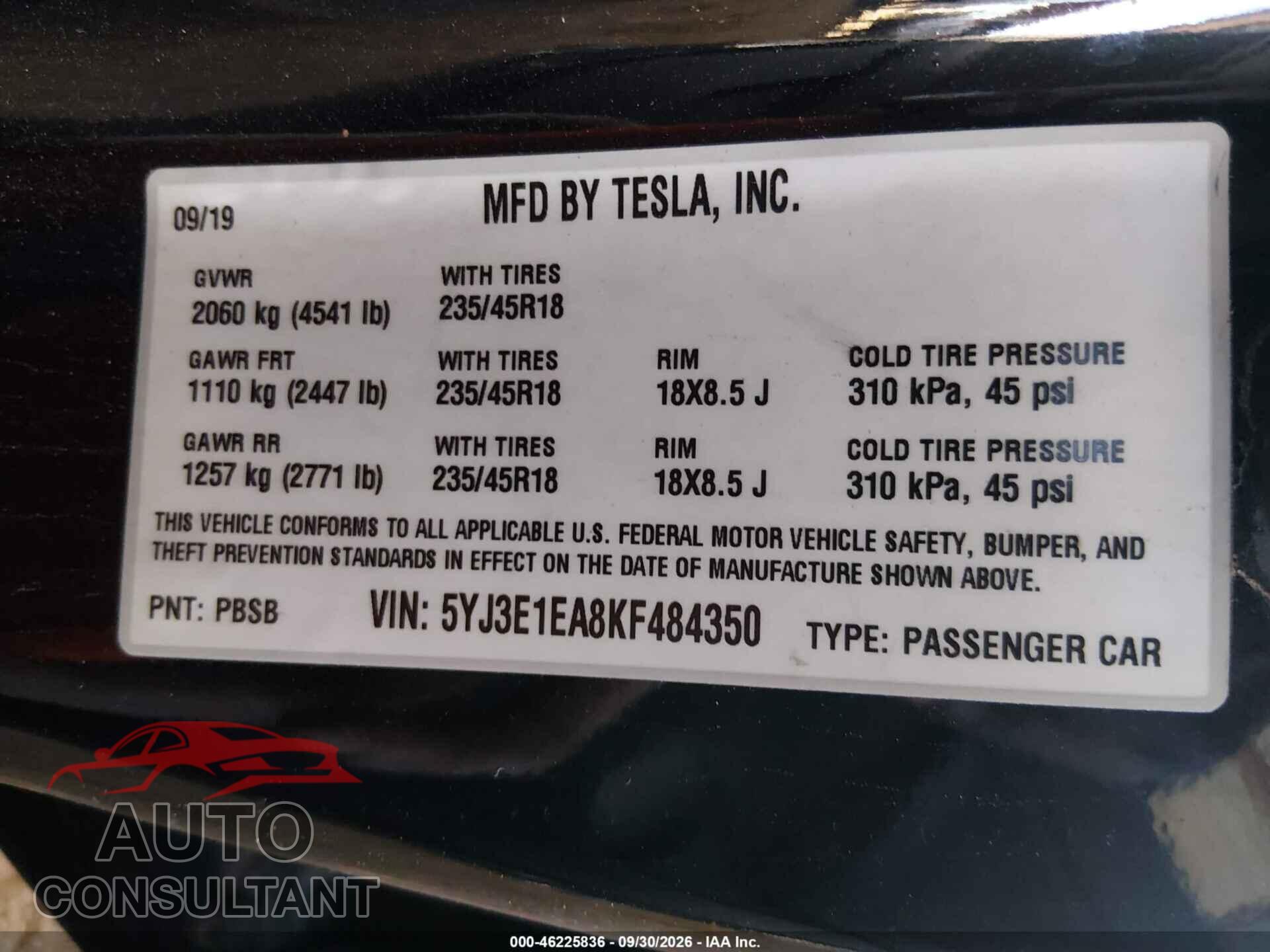 TESLA MODEL 3 2019 - 5YJ3E1EA8KF484350