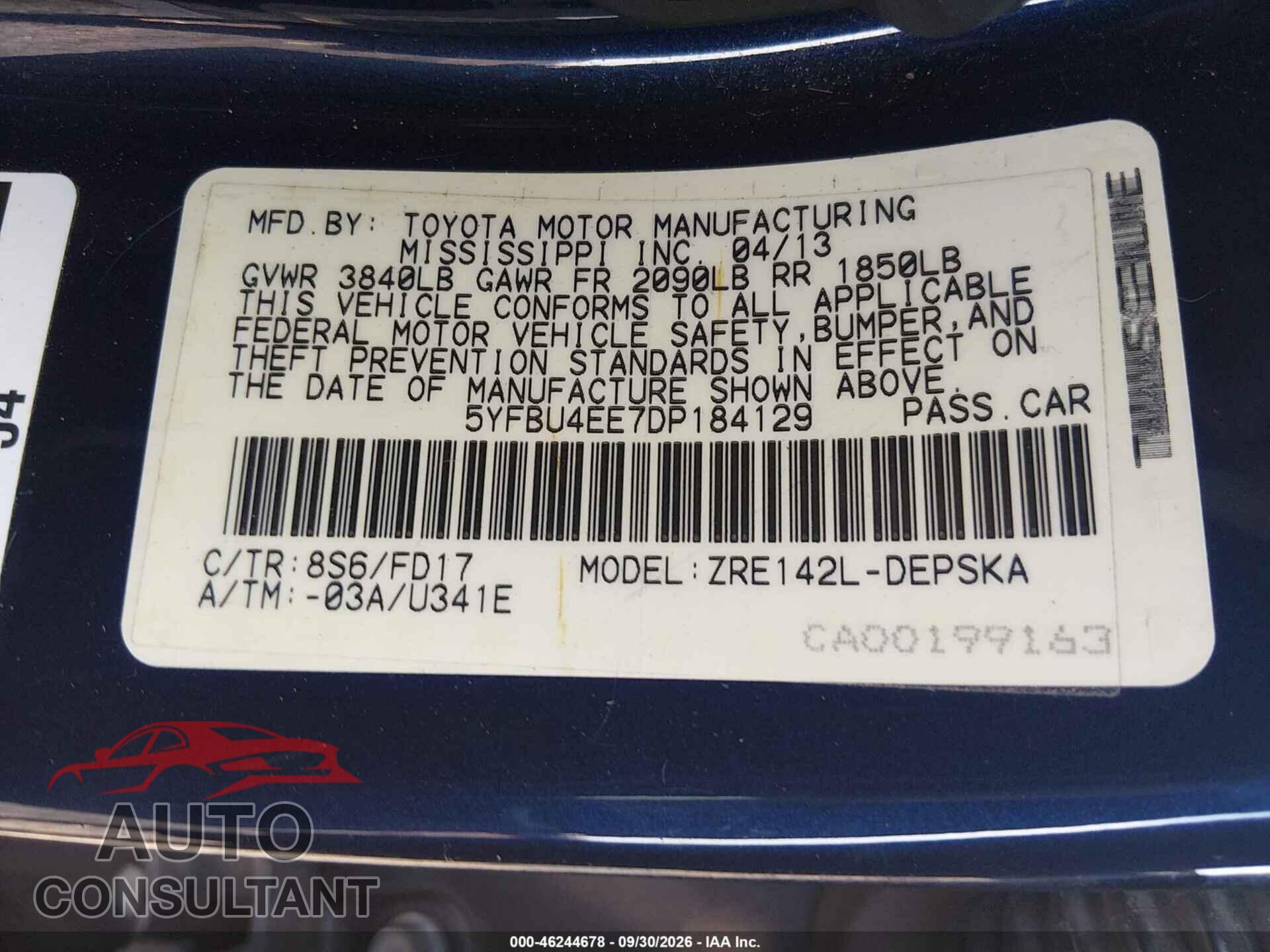 TOYOTA COROLLA 2013 - 5YFBU4EE7DP184129