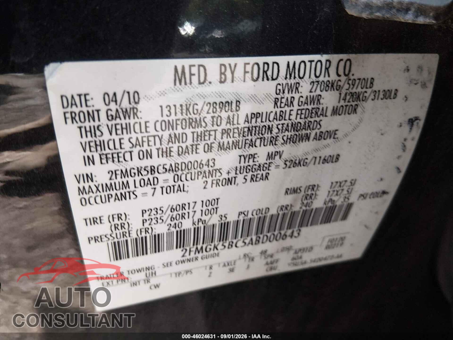 FORD FLEX 2010 - 2FMGK5BC5ABD00643