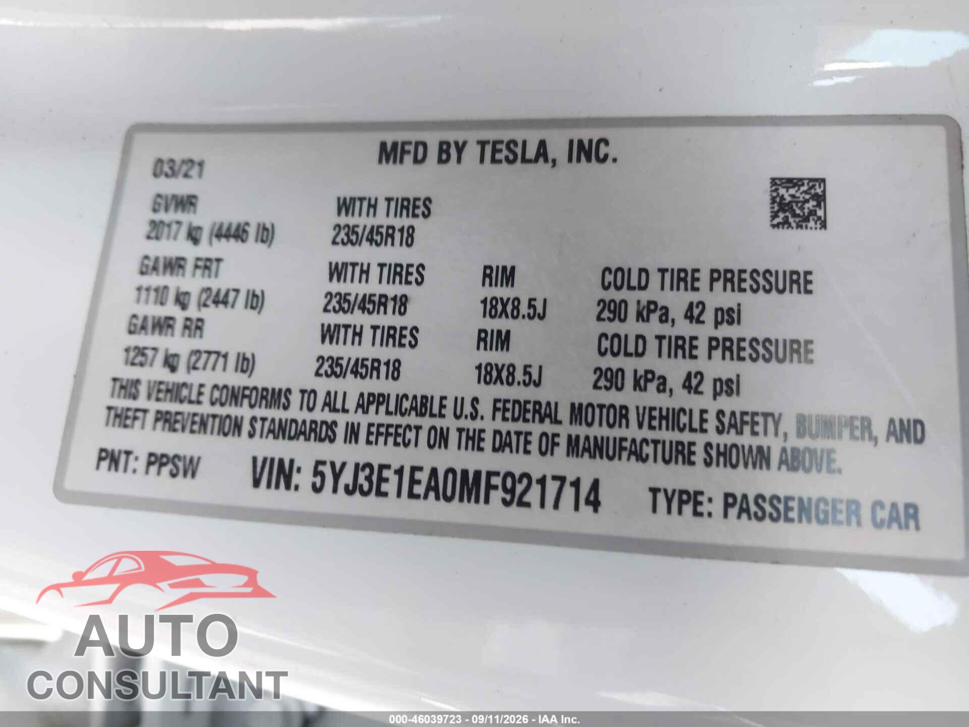TESLA MODEL 3 2021 - 5YJ3E1EA0MF921714