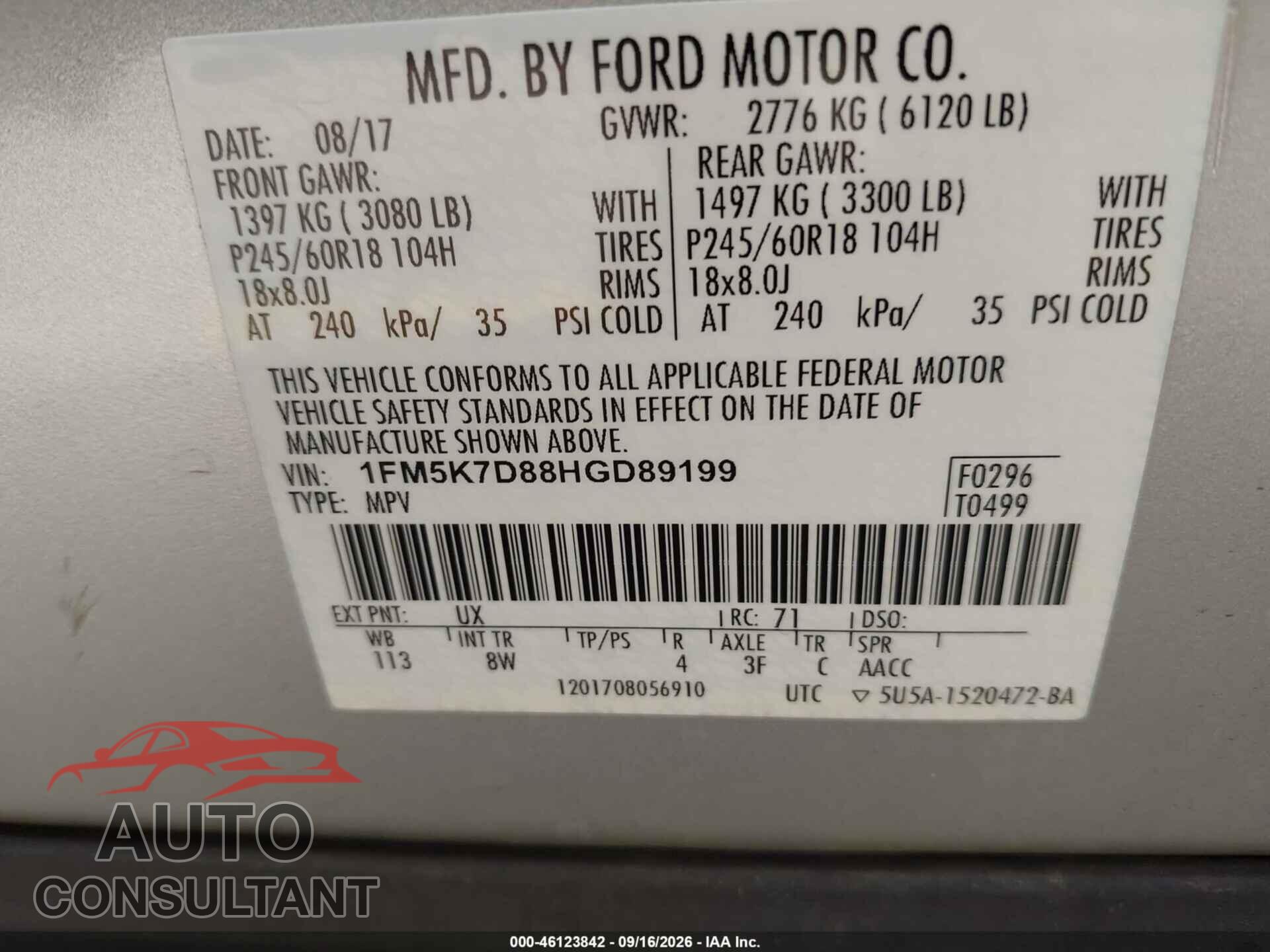 FORD EXPLORER 2017 - 1FM5K7D88HGD89199