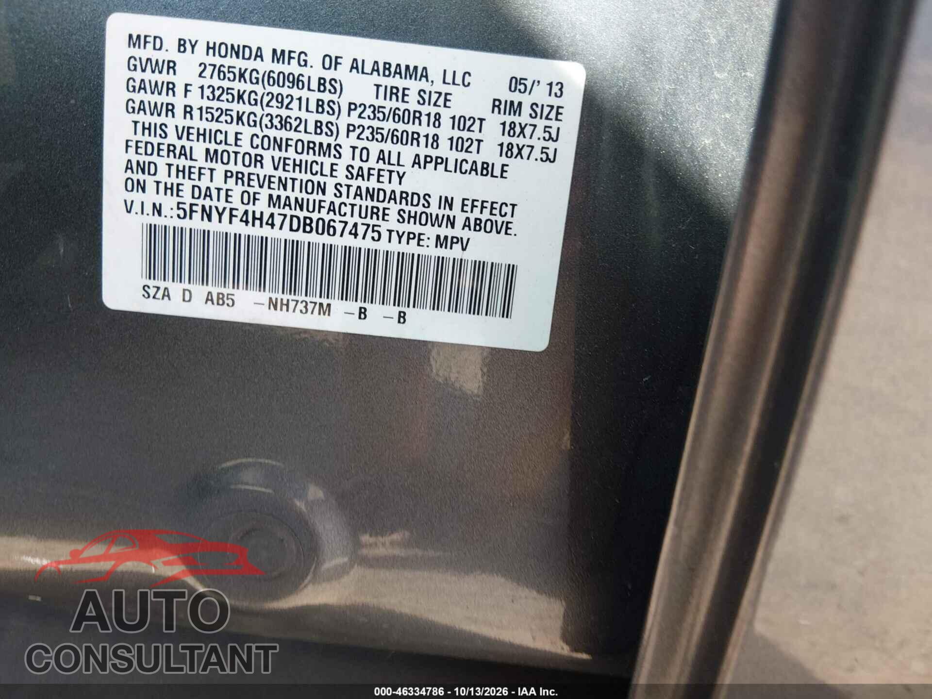 HONDA PILOT 2013 - 5FNYF4H47DB067475