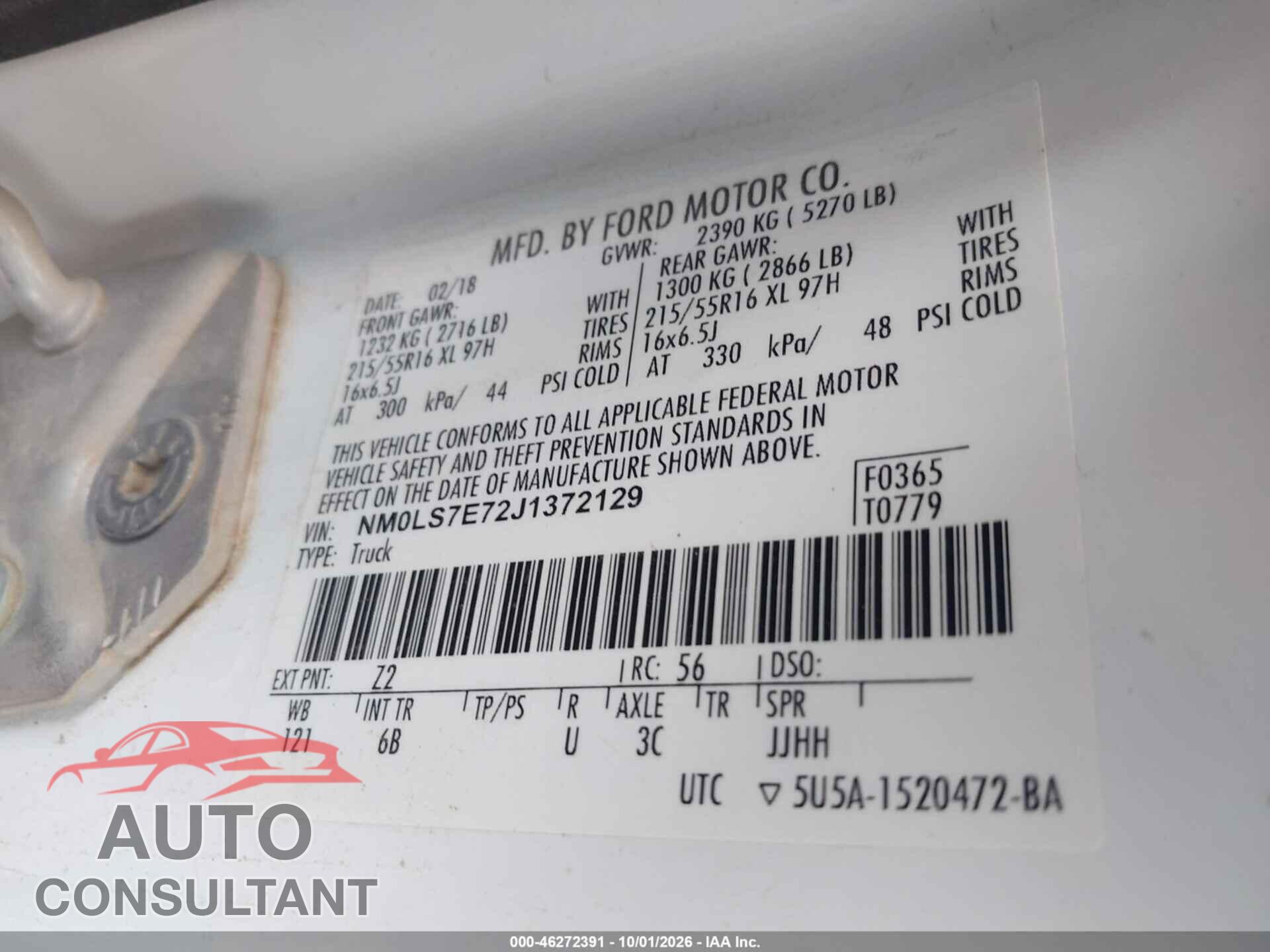 FORD TRANSIT CONNECT 2018 - NM0LS7E72J1732129
