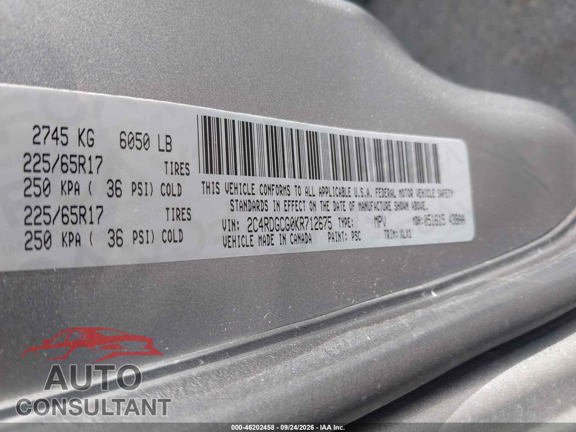 DODGE GRAND CARAVAN 2019 - 2C4RDGCG0KR712675