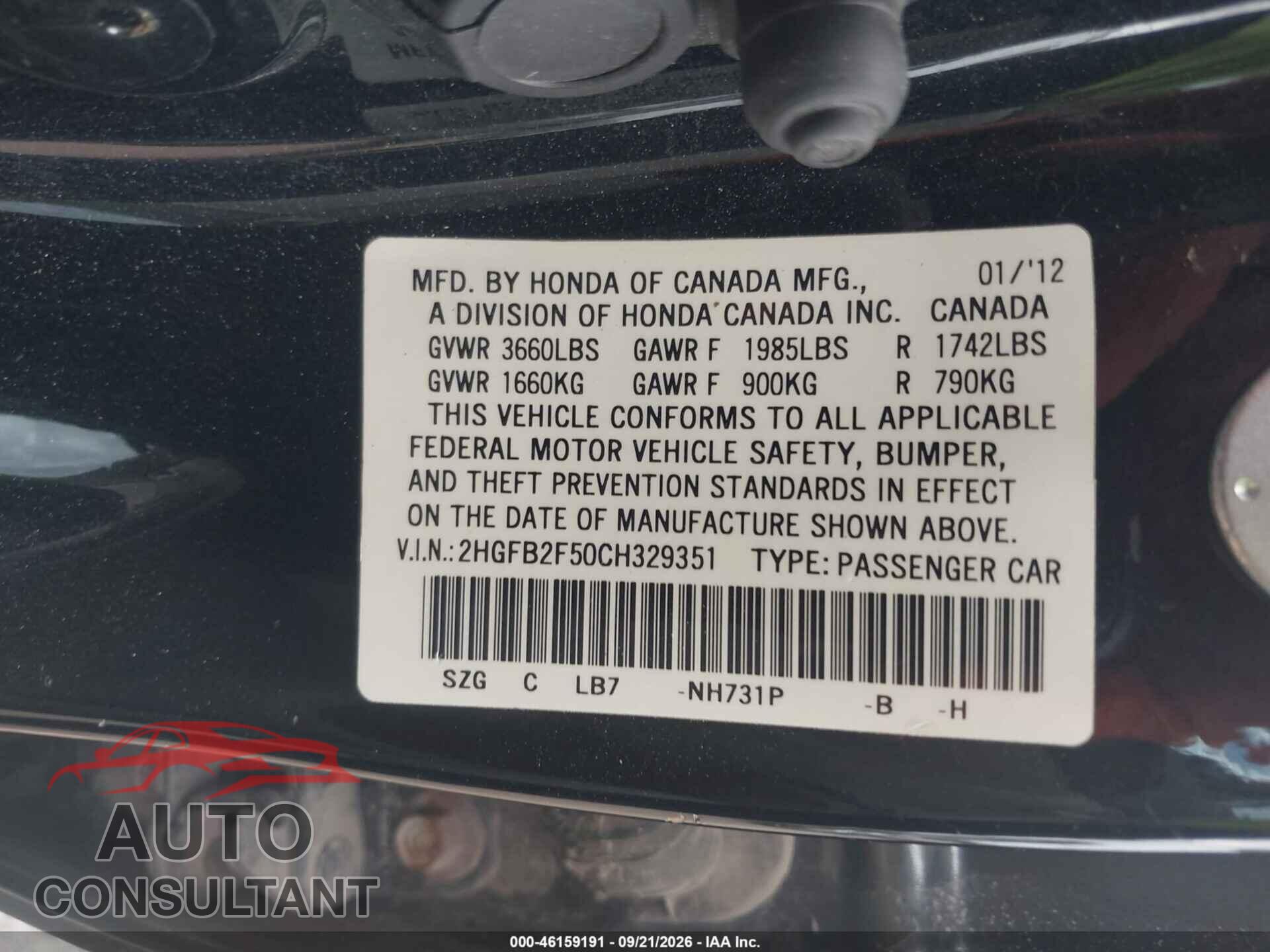 HONDA CIVIC 2012 - 2HGFB2F50CH329351