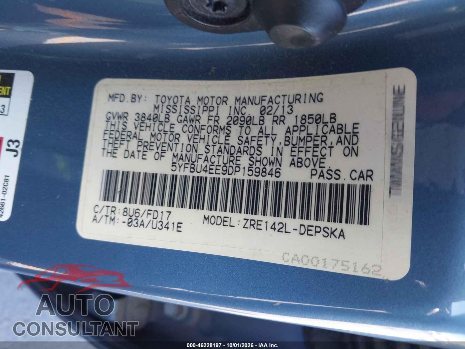 TOYOTA COROLLA 2013 - 5YFBU4EE9DP159846