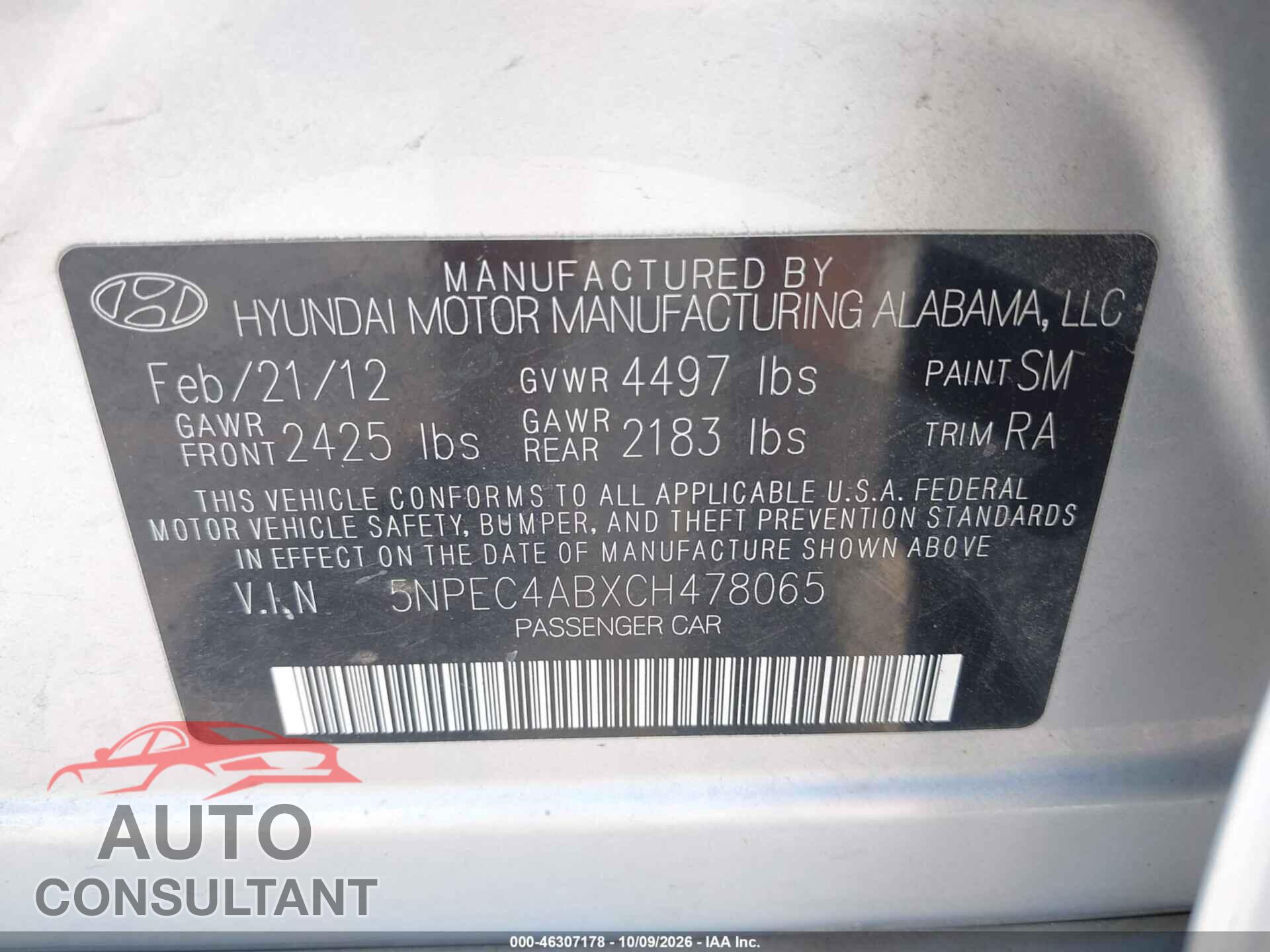 HYUNDAI SONATA 2012 - 5NPEC4ABXCH478065
