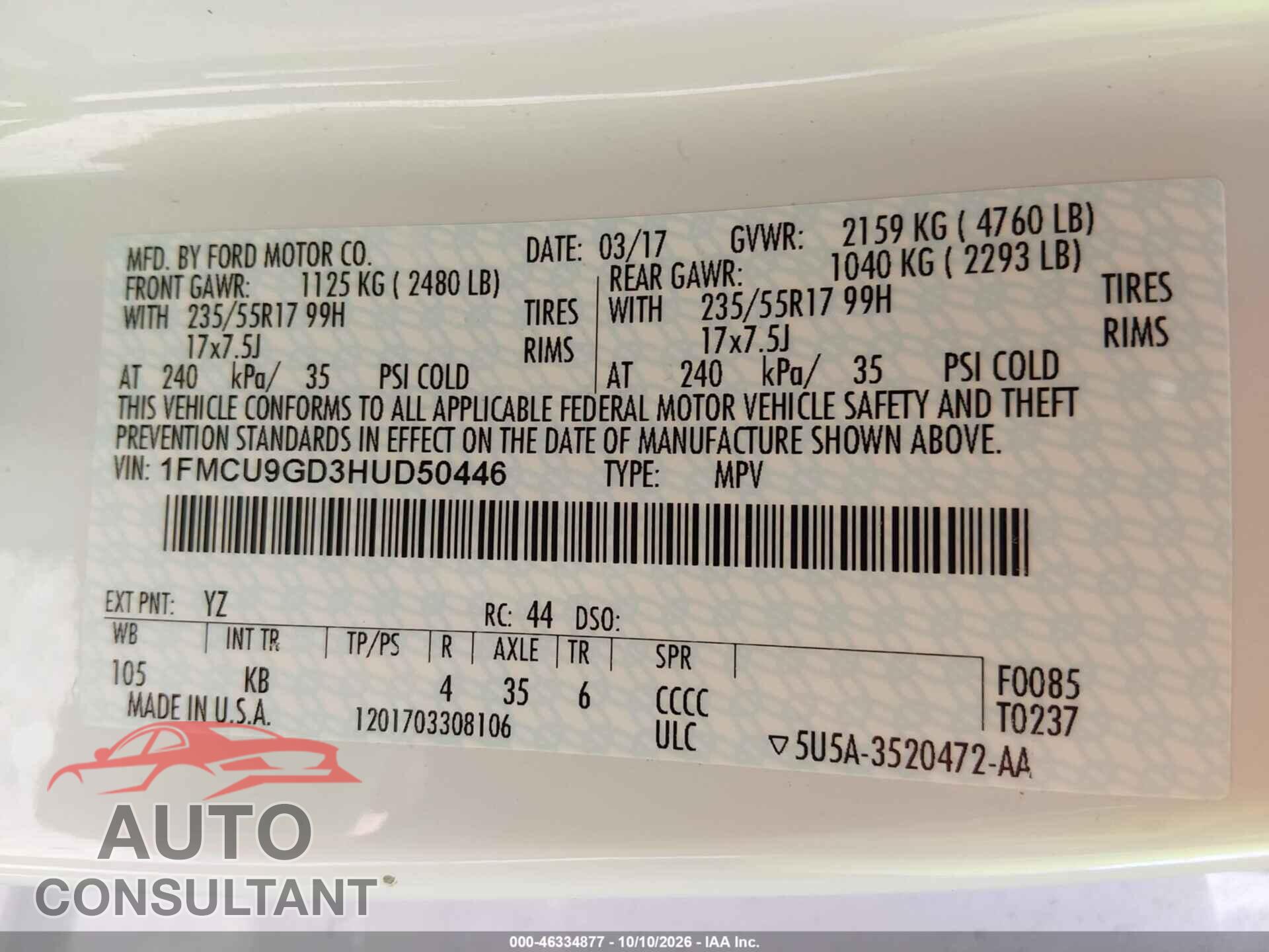 FORD ESCAPE 2017 - 1FMCU9GD3HUD50446