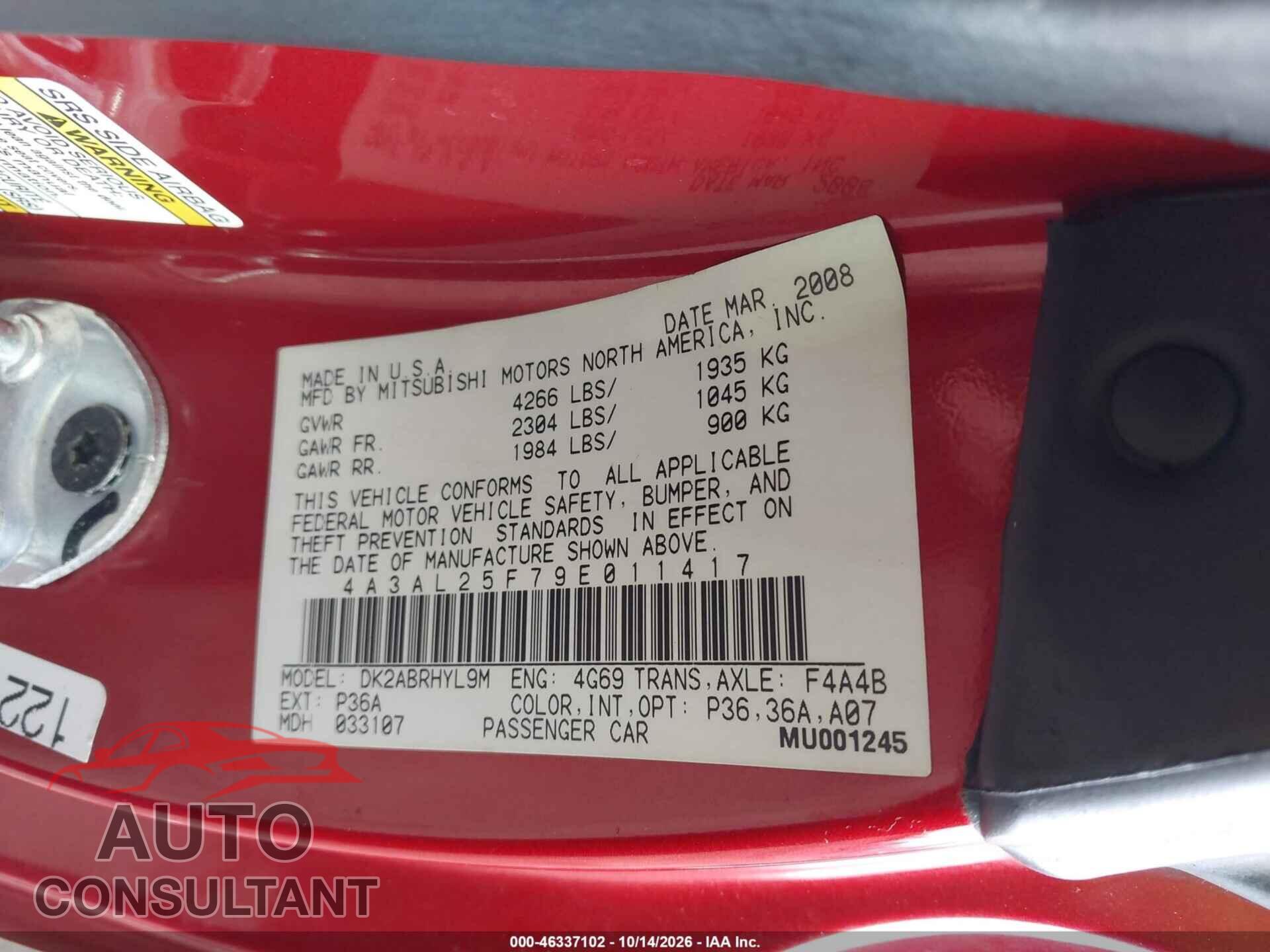 MITSUBISHI ECLIPSE SPYDER 2009 - 4A3AL25F79E011417