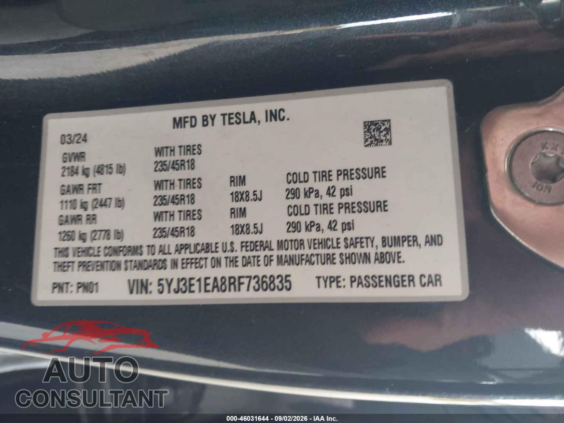 TESLA MODEL 3 2024 - 5YJ3E1EA8RF736835