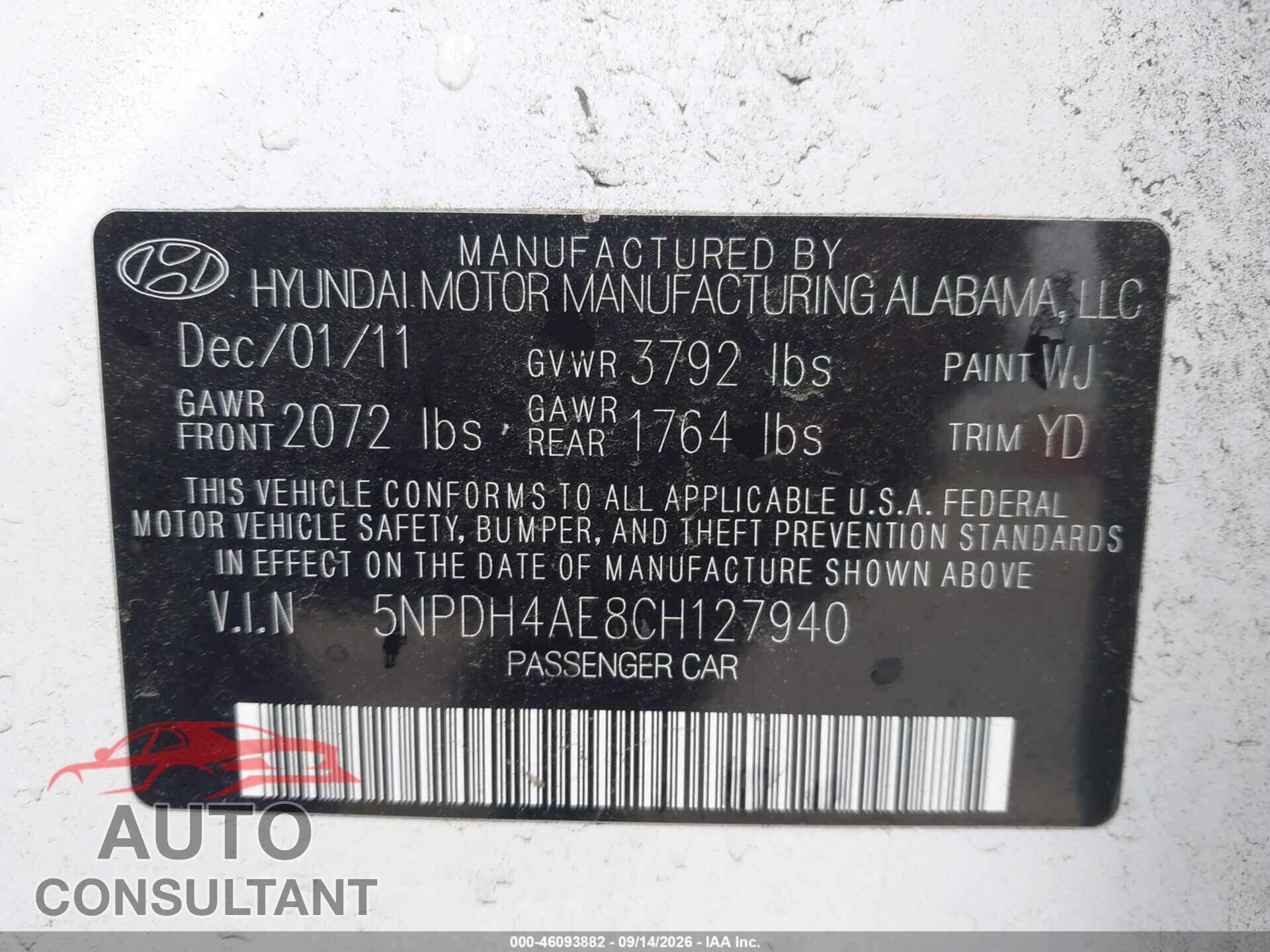 HYUNDAI ELANTRA 2012 - 5NPDH4AE8CH127940