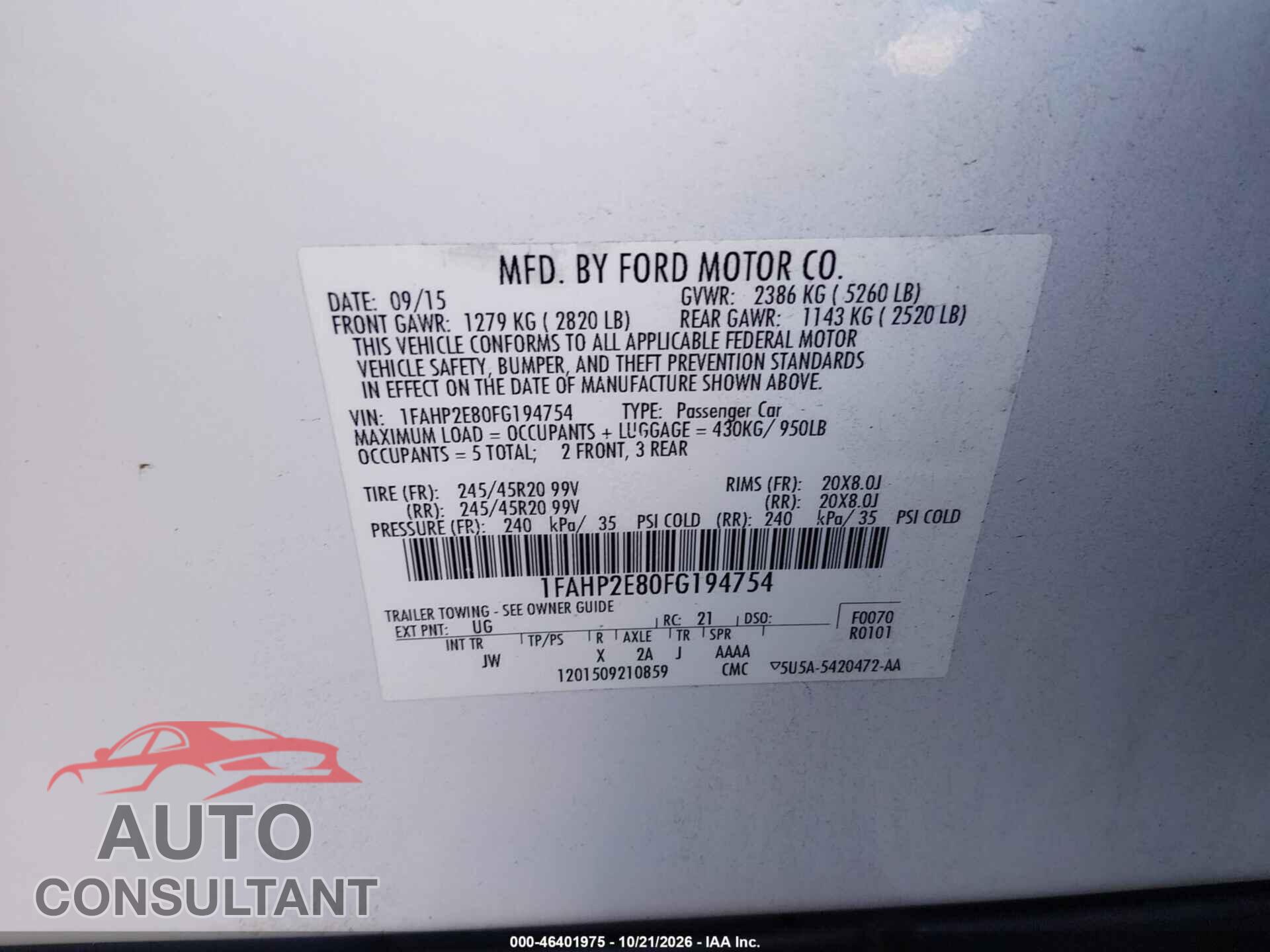 FORD TAURUS 2015 - 1FAHP2E80FG194754
