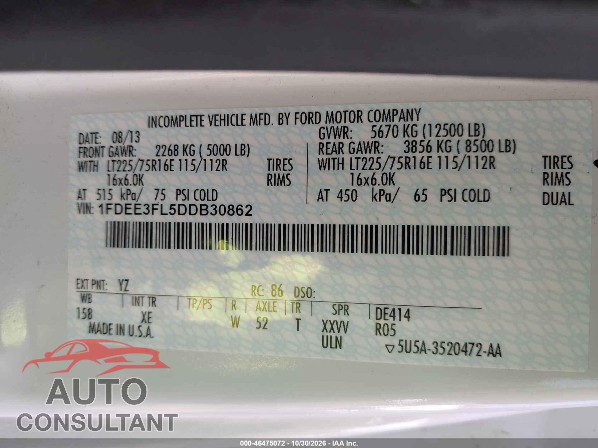 FORD E-350 CUTAWAY 2013 - 1FDEE3FL5DDB30862