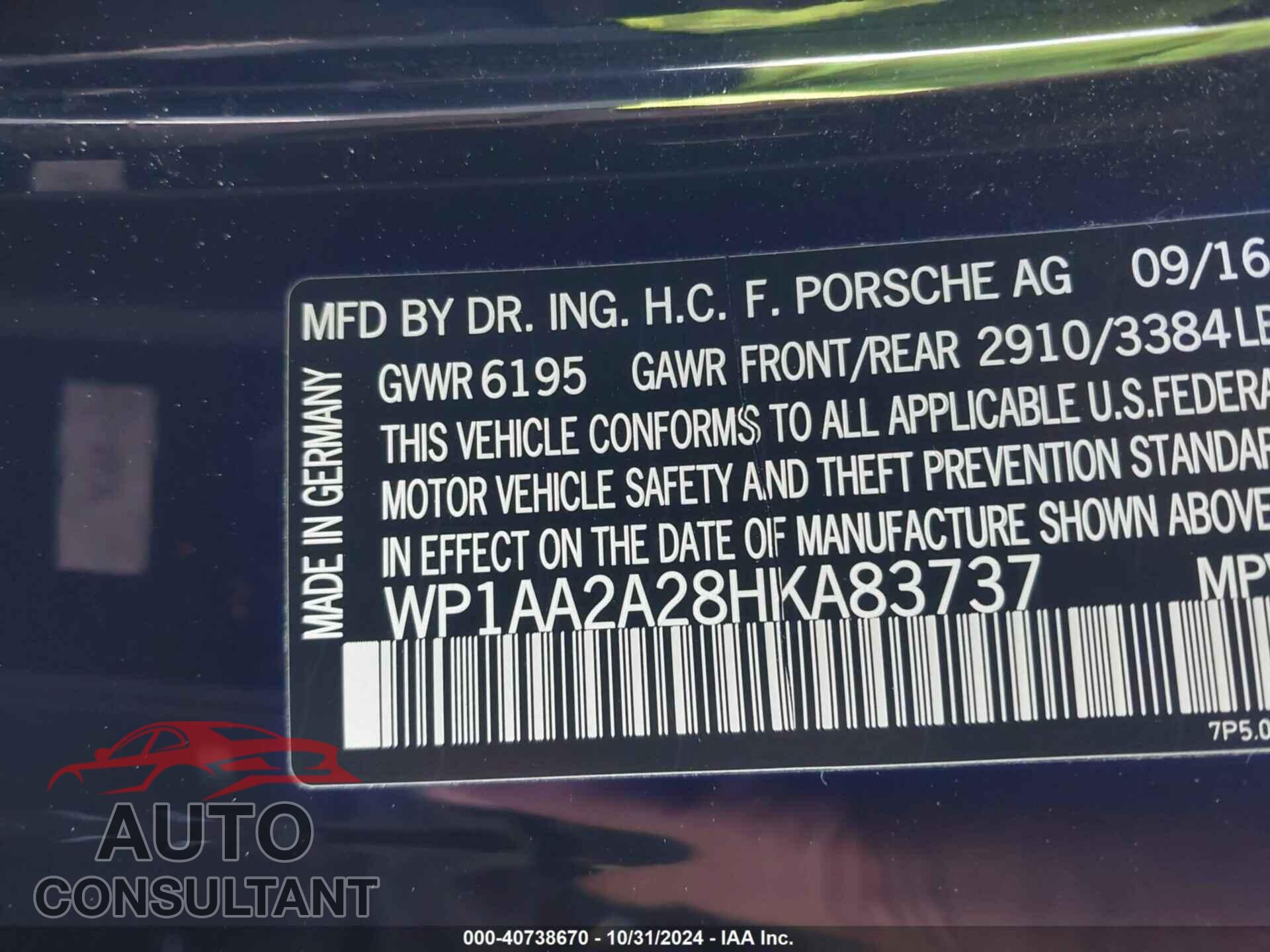 PORSCHE CAYENNE 2017 - WP1AA2A28HKA83737