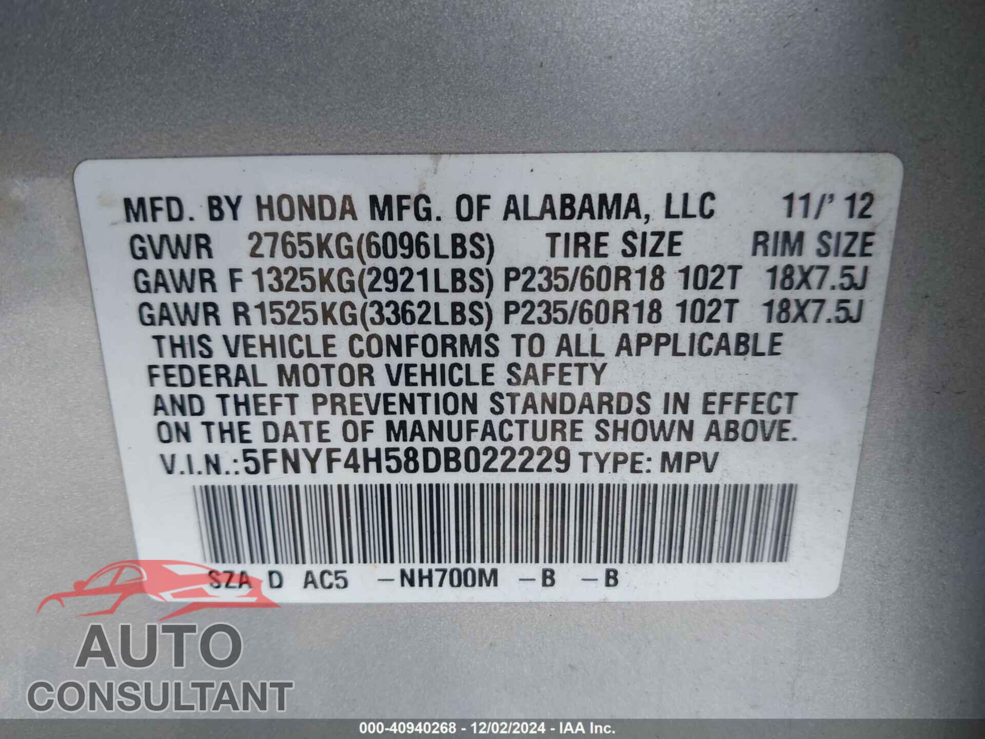 HONDA PILOT 2013 - 5FNYF4H58DB022229