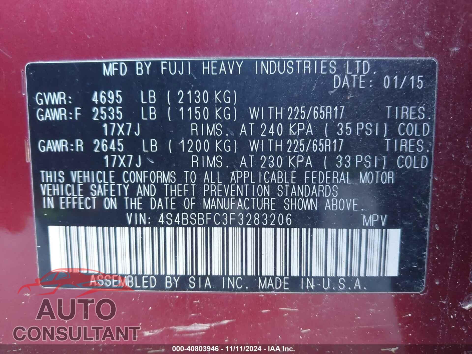 SUBARU OUTBACK 2015 - 4S4BSBFC3F3283206