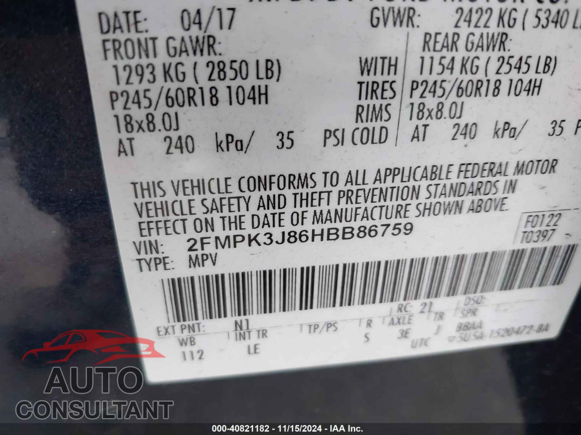 FORD EDGE 2017 - 2FMPK3J86HBB86759