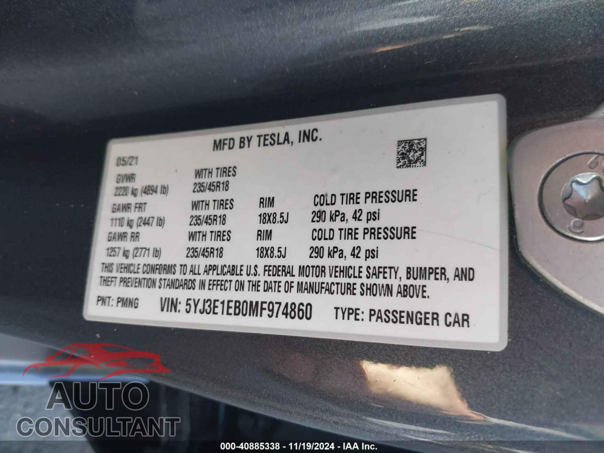 TESLA MODEL 3 2021 - 5YJ3E1EB0MF974860
