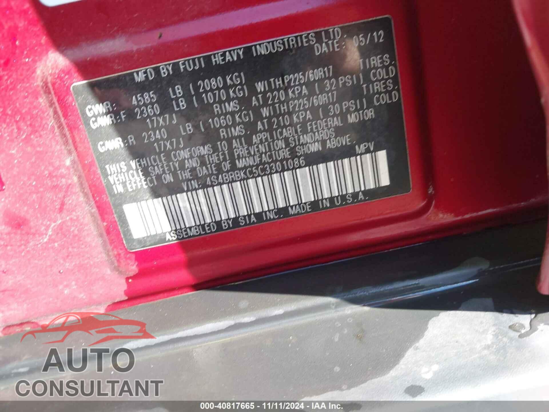 SUBARU OUTBACK 2012 - 4S4BRBKC5C3301086