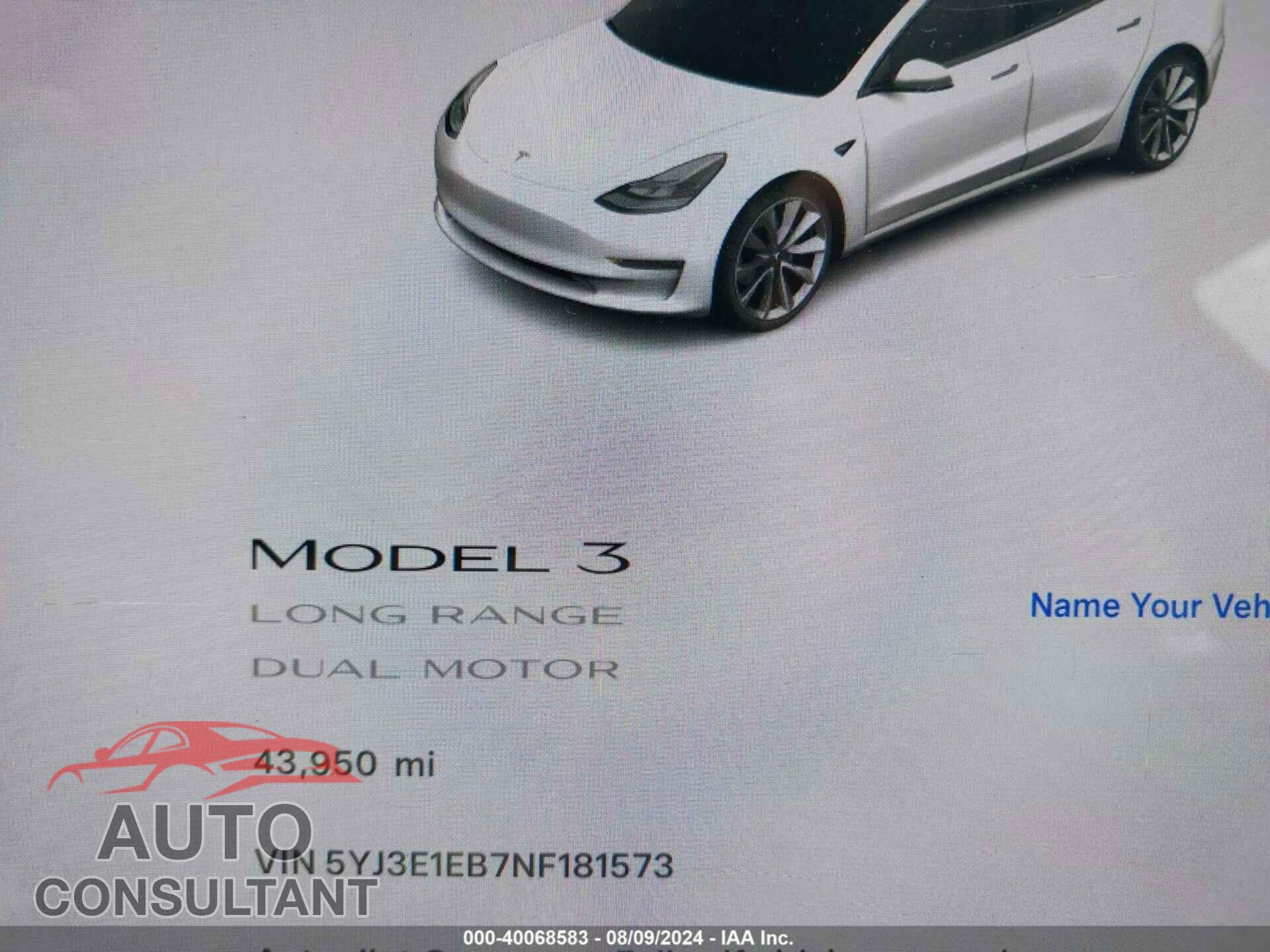 TESLA MODEL 3 2022 - 5YJ3E1EB7NF181573