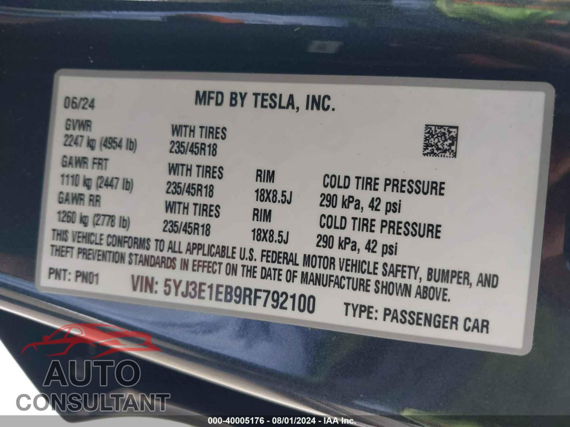 TESLA MODEL 3 2024 - 5YJ3E1EB9RF792100