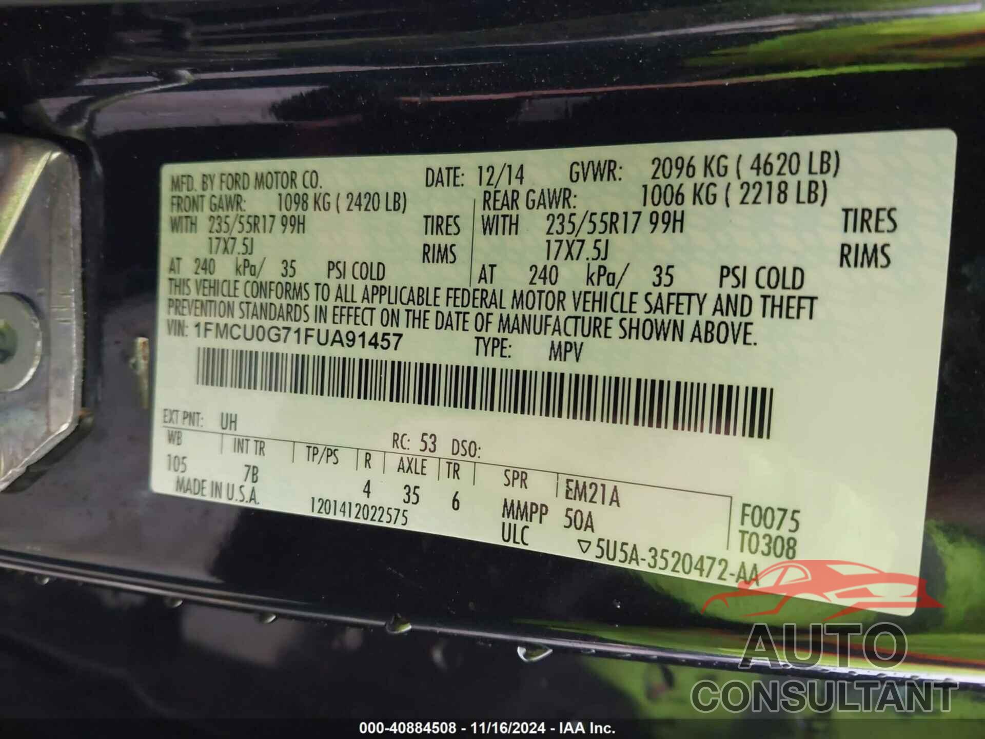 FORD ESCAPE 2015 - 1FMCU0G71FUA91457