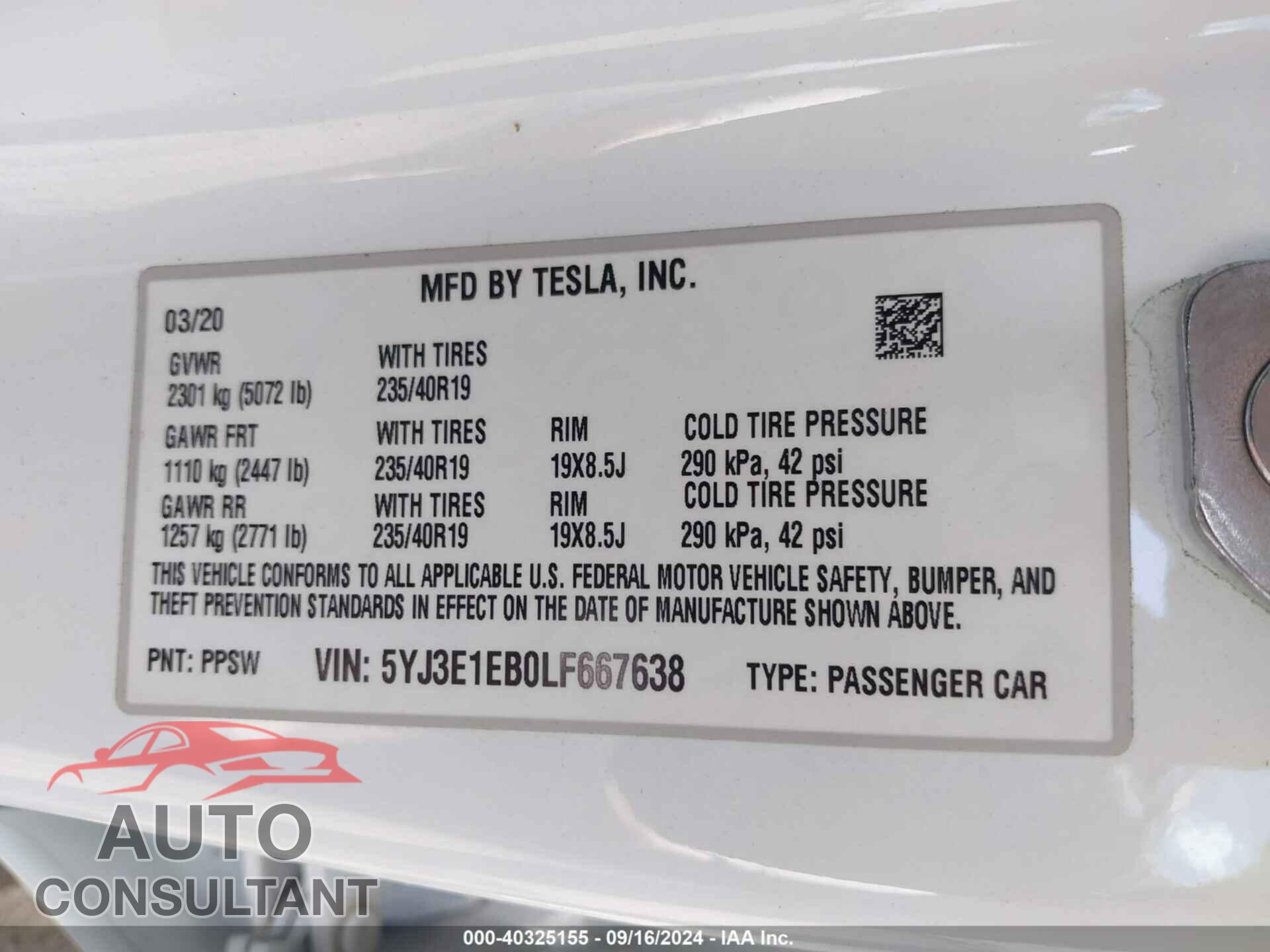 TESLA MODEL 3 2020 - 5YJ3E1EB0LF667638