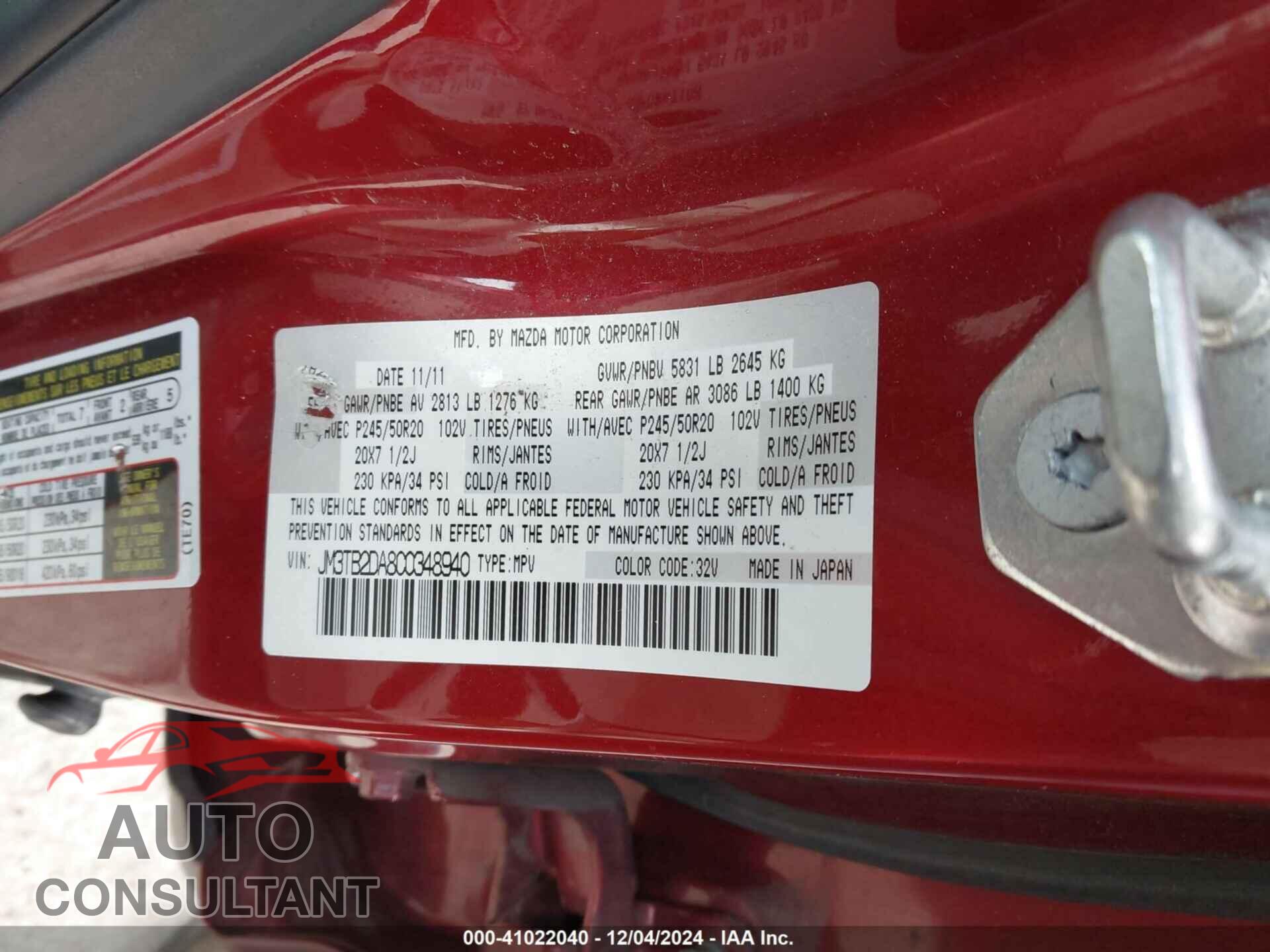 MAZDA CX-9 2012 - JM3TB2DA8C0348940