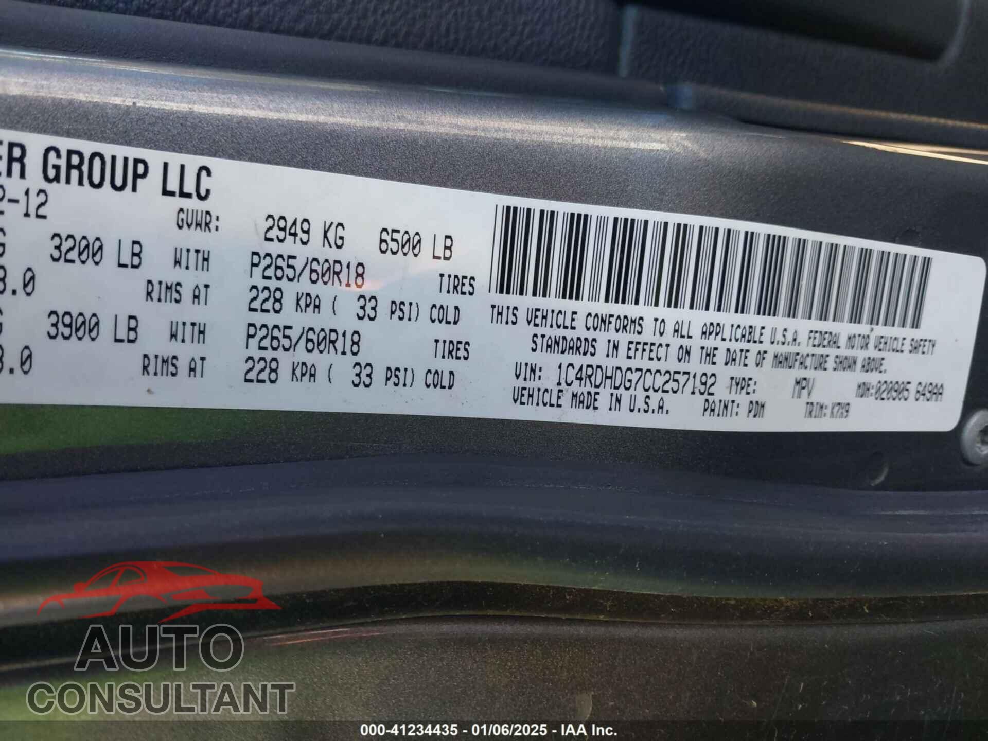DODGE DURANGO 2012 - 1C4RDHDG7CC257192