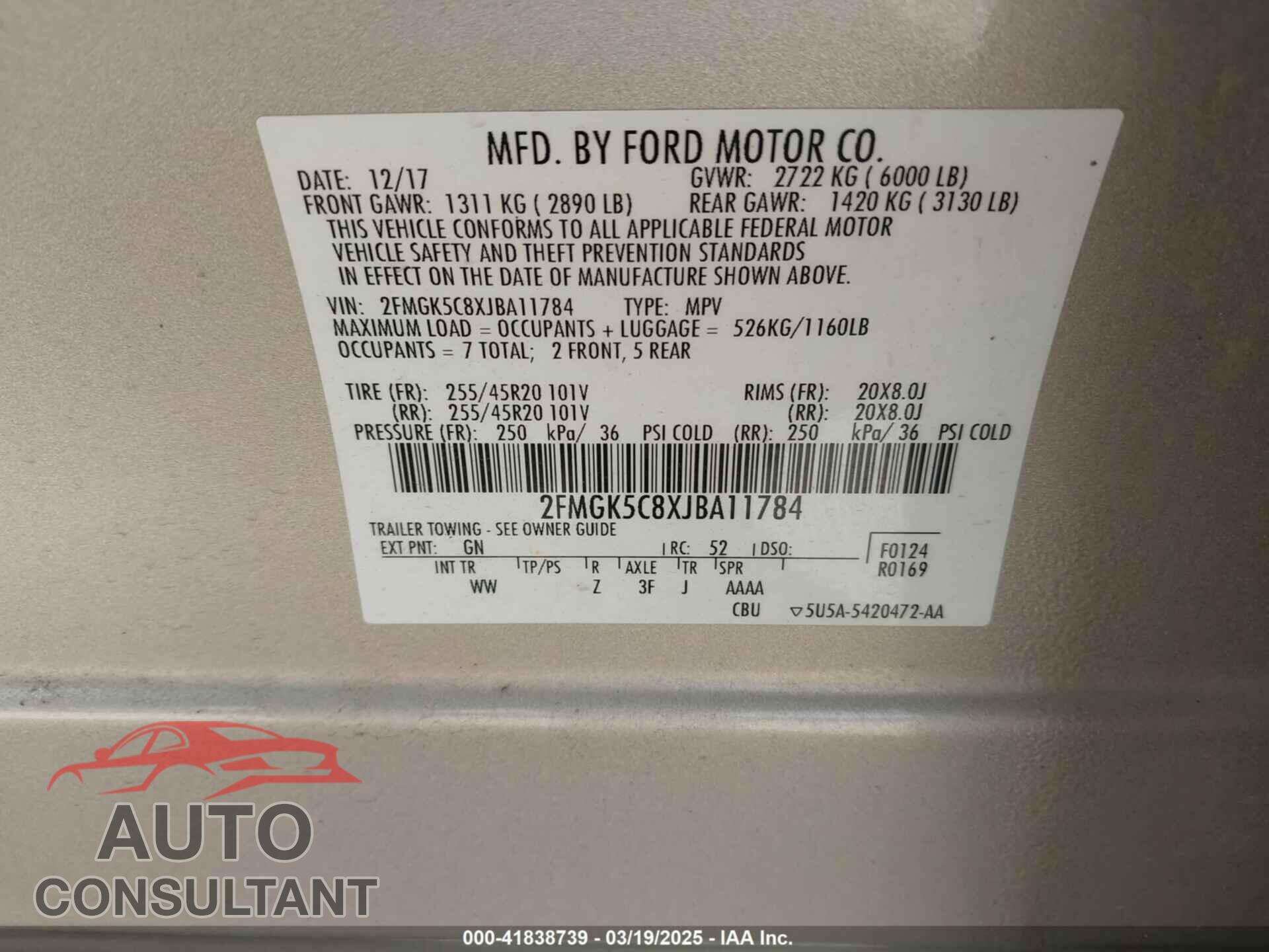FORD FLEX 2018 - 2FMGK5C8XJBA11784
