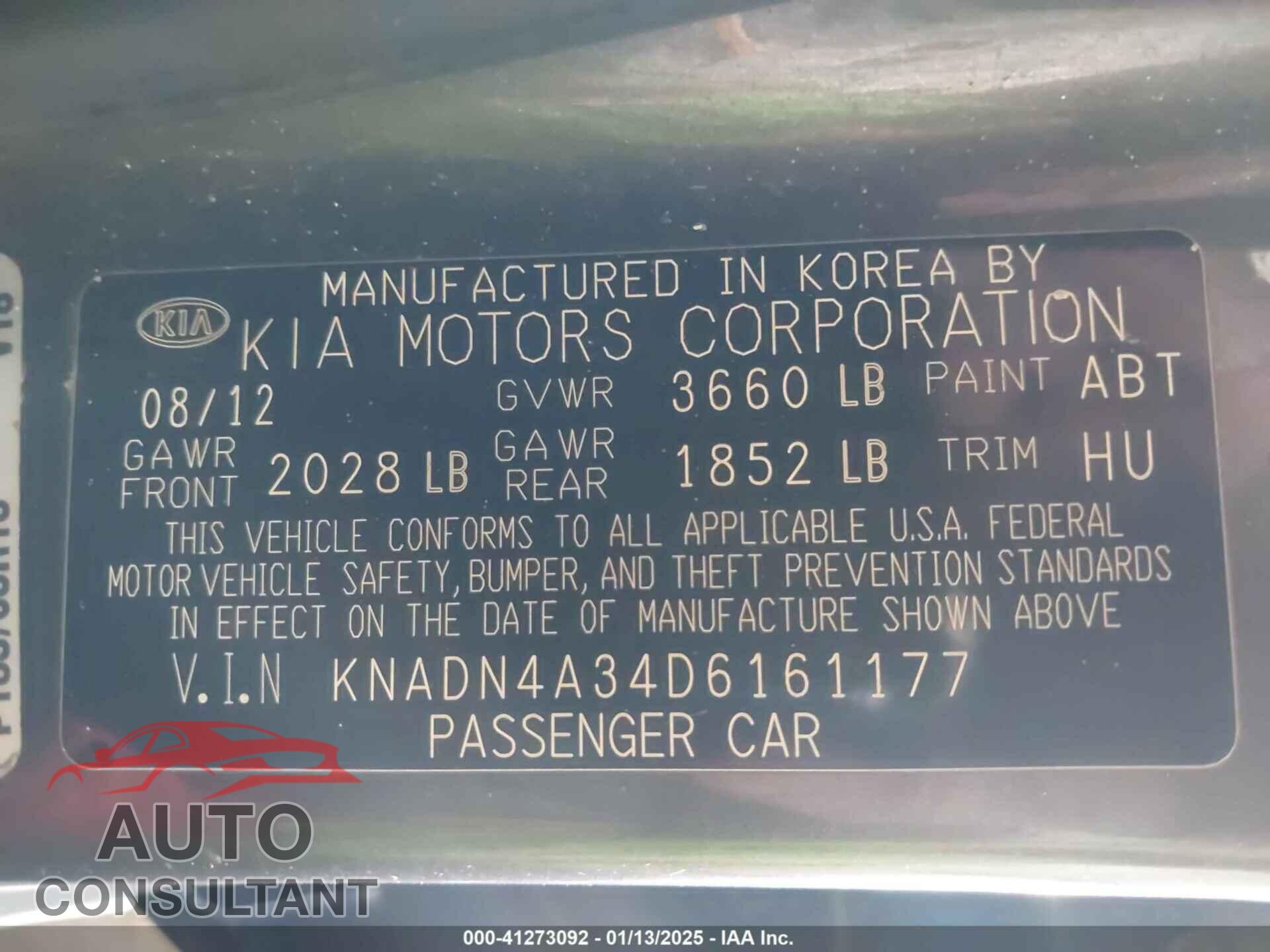 KIA RIO 2013 - KNADN4A34D6161177