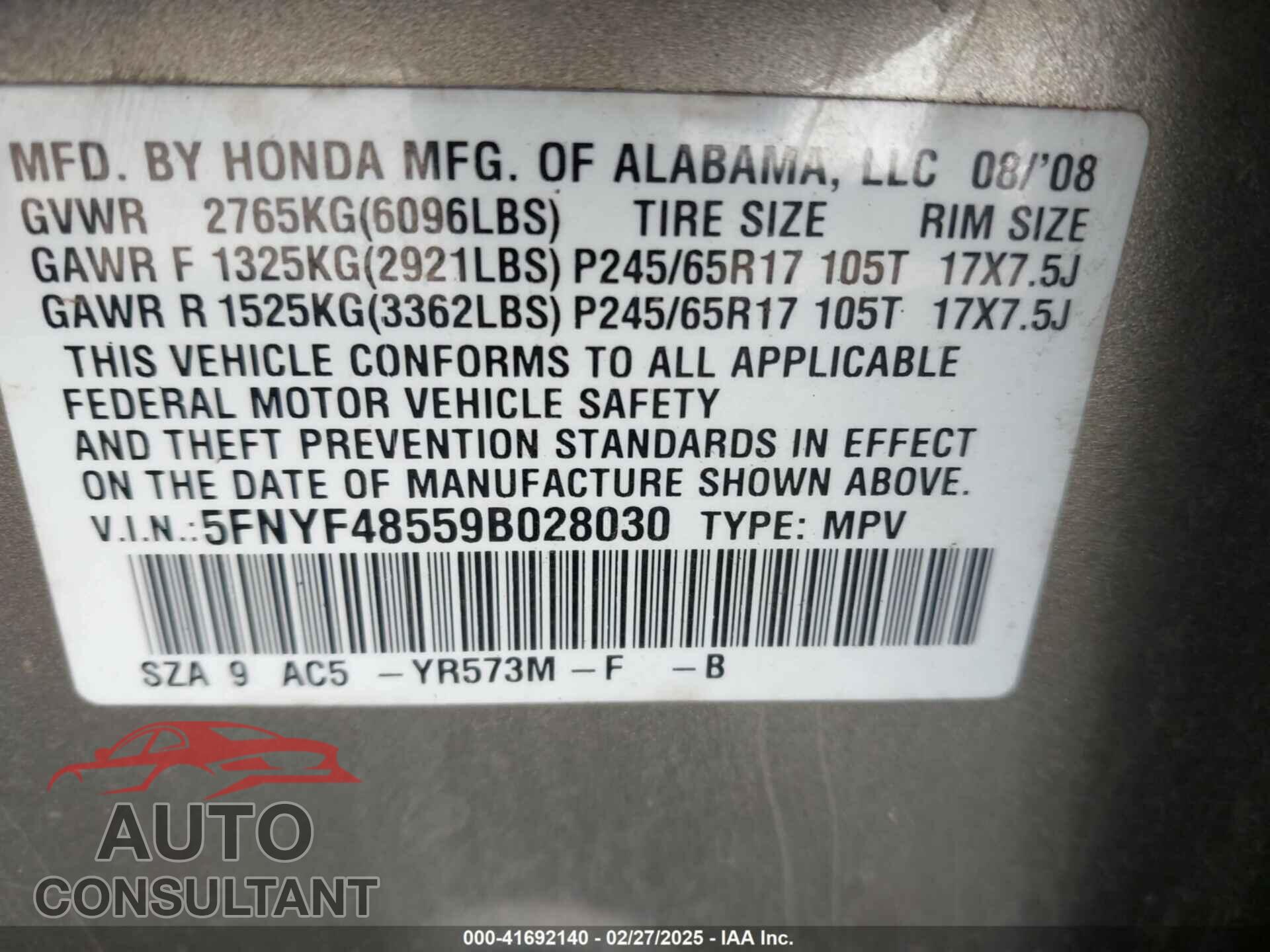 HONDA PILOT 2009 - 5FNYF48559B028030