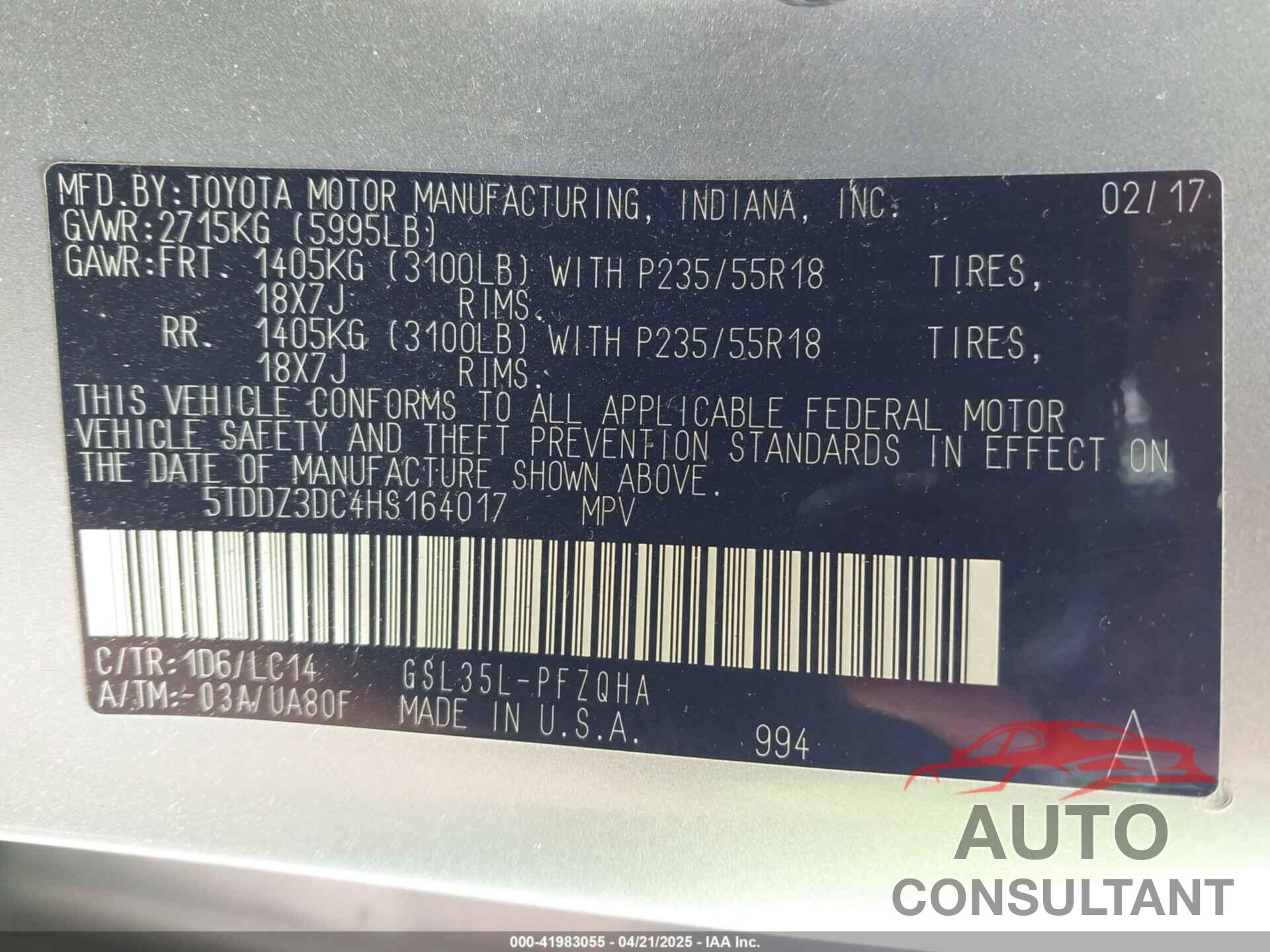 TOYOTA SIENNA 2017 - 5TDDZ3DC4HS164017