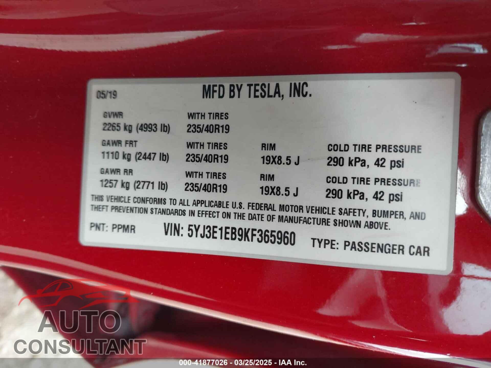 TESLA MODEL 3 2019 - 5YJ3E1EB9KF365960