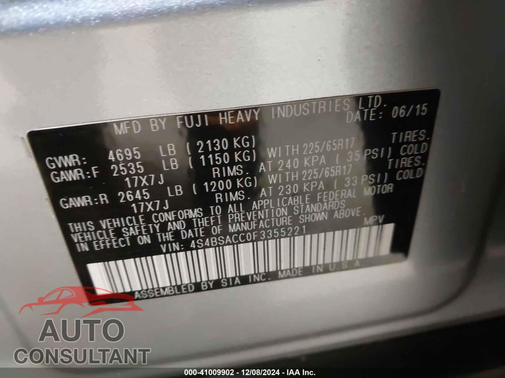 SUBARU OUTBACK 2015 - 4S4BSACC0F3355221