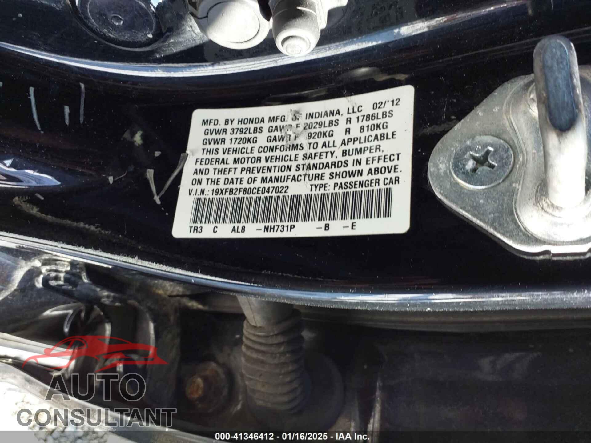HONDA CIVIC 2012 - 19XFB2F80CE047022
