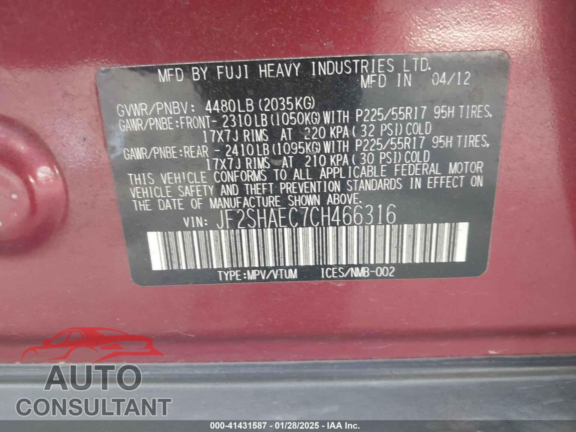 SUBARU FORESTER 2012 - JF2SHAEC7CH466316