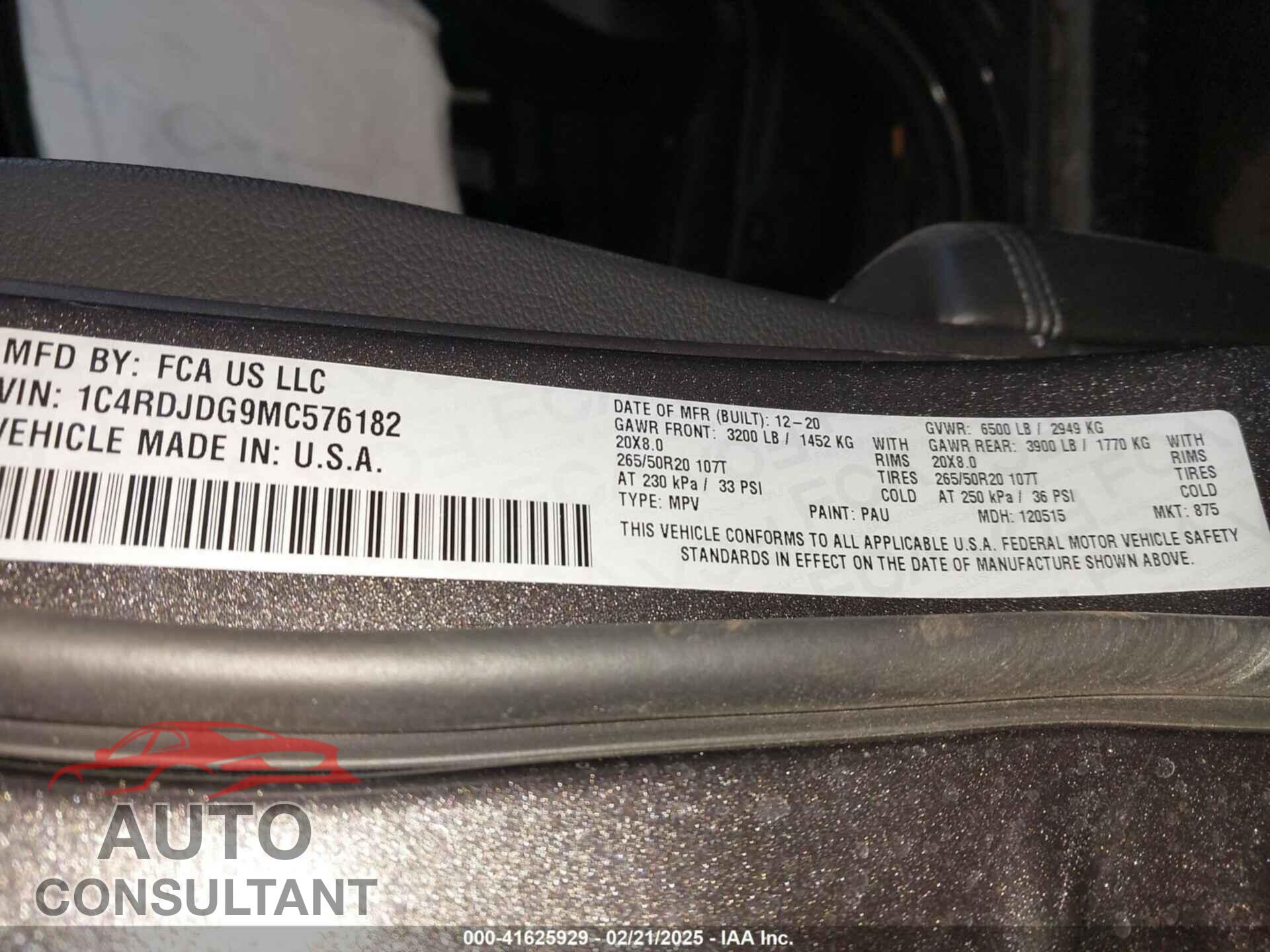 DODGE DURANGO 2021 - 1C4RDJDG9MC576182