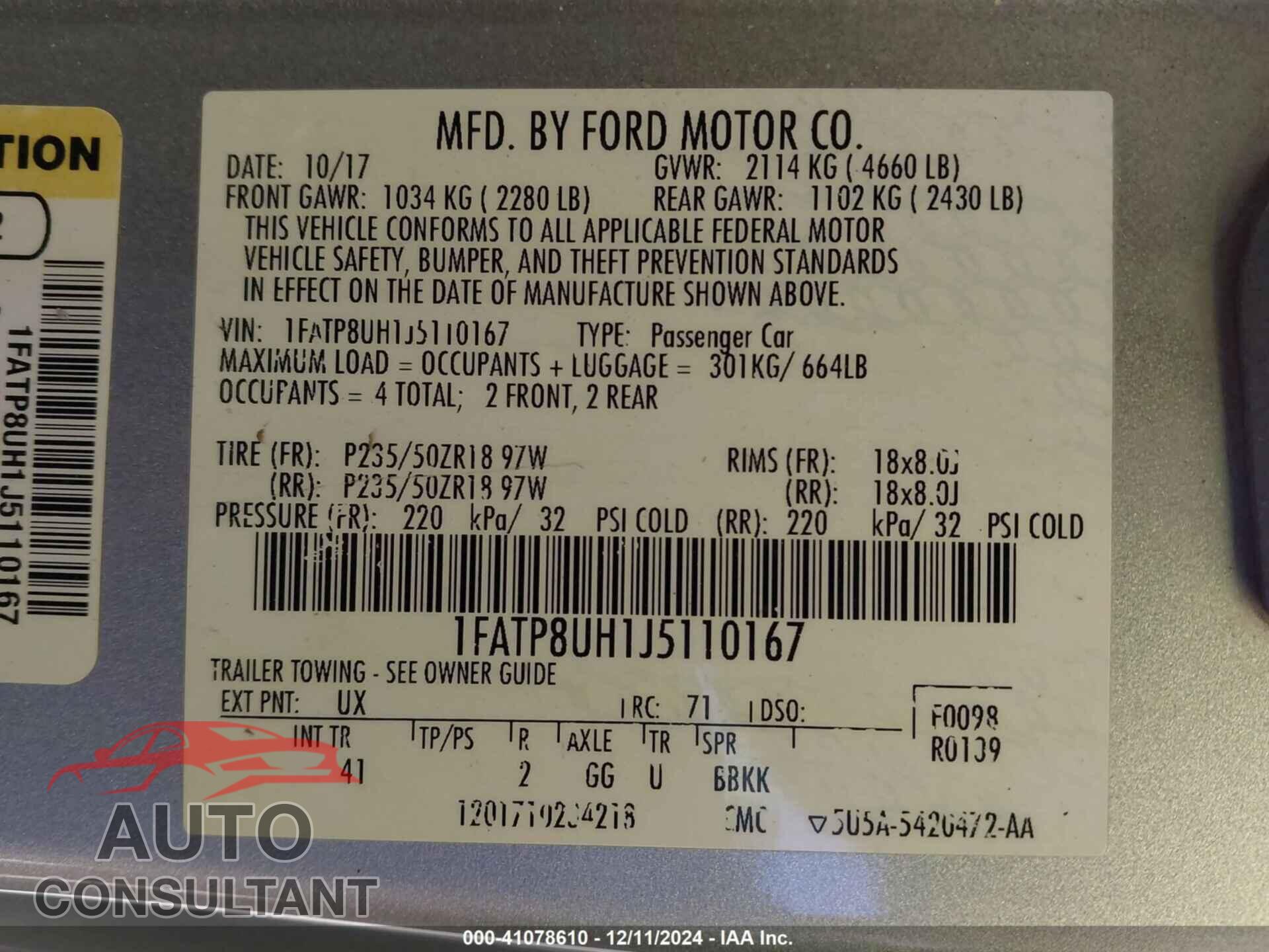 FORD MUSTANG 2018 - 1FATP8UH1J5110167