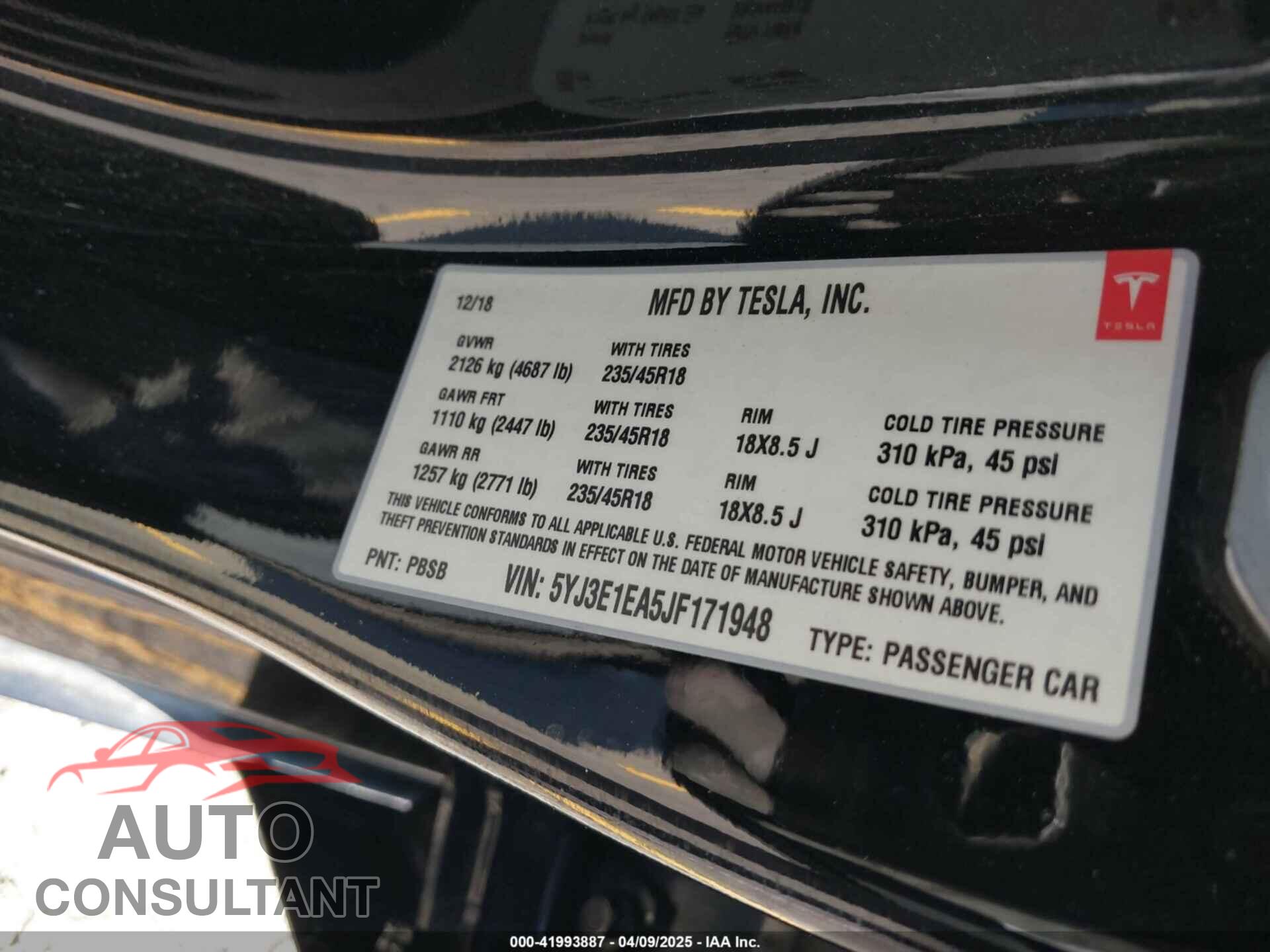 TESLA MODEL 3 2018 - 5YJ3E1EA5JF171948