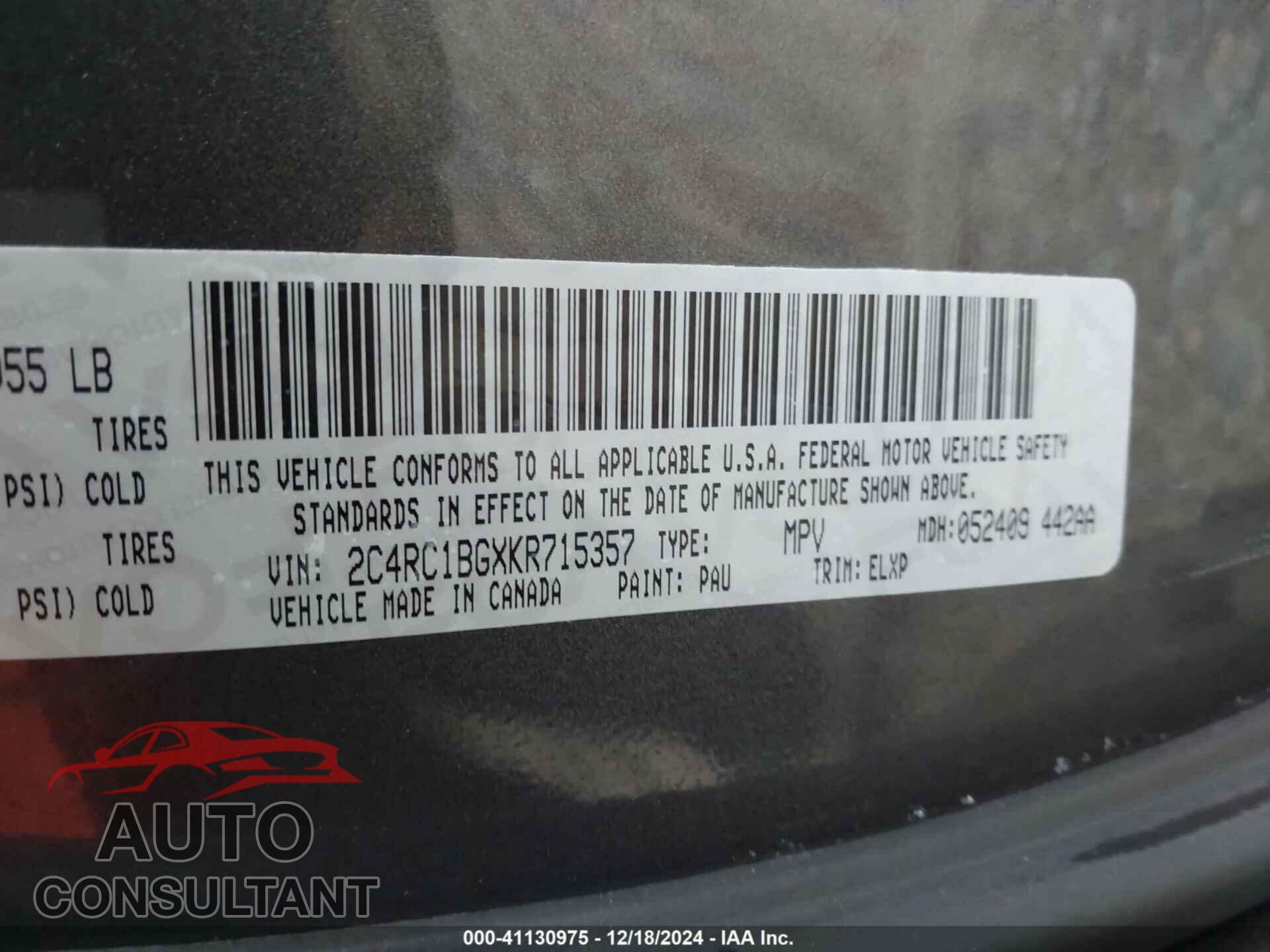 CHRYSLER PACIFICA 2019 - 2C4RC1BGXKR715357