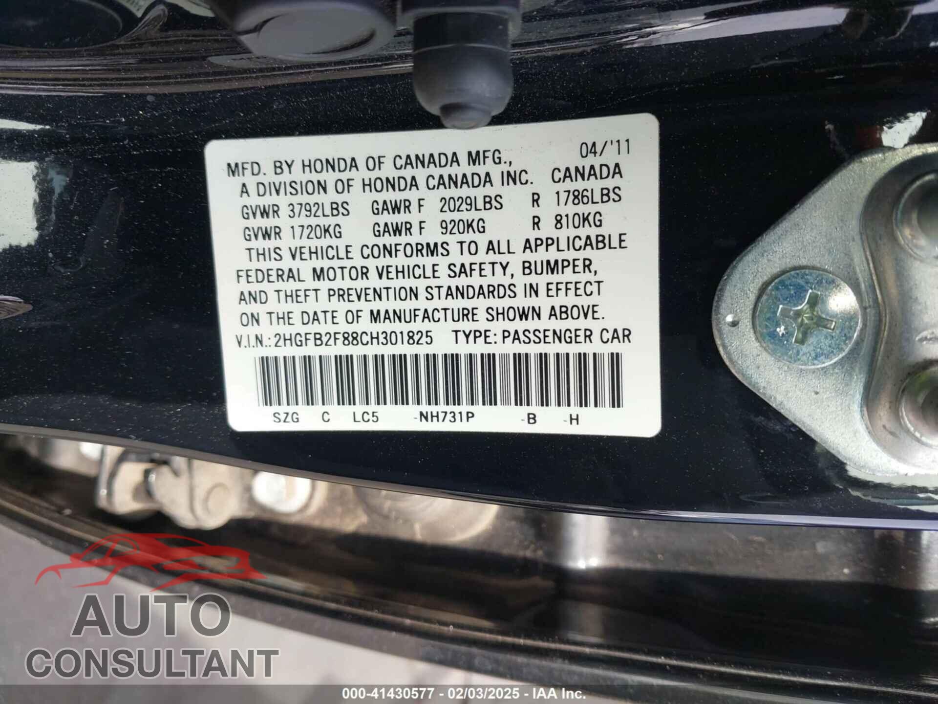 HONDA CIVIC 2012 - 2HGFB2F88CH301825
