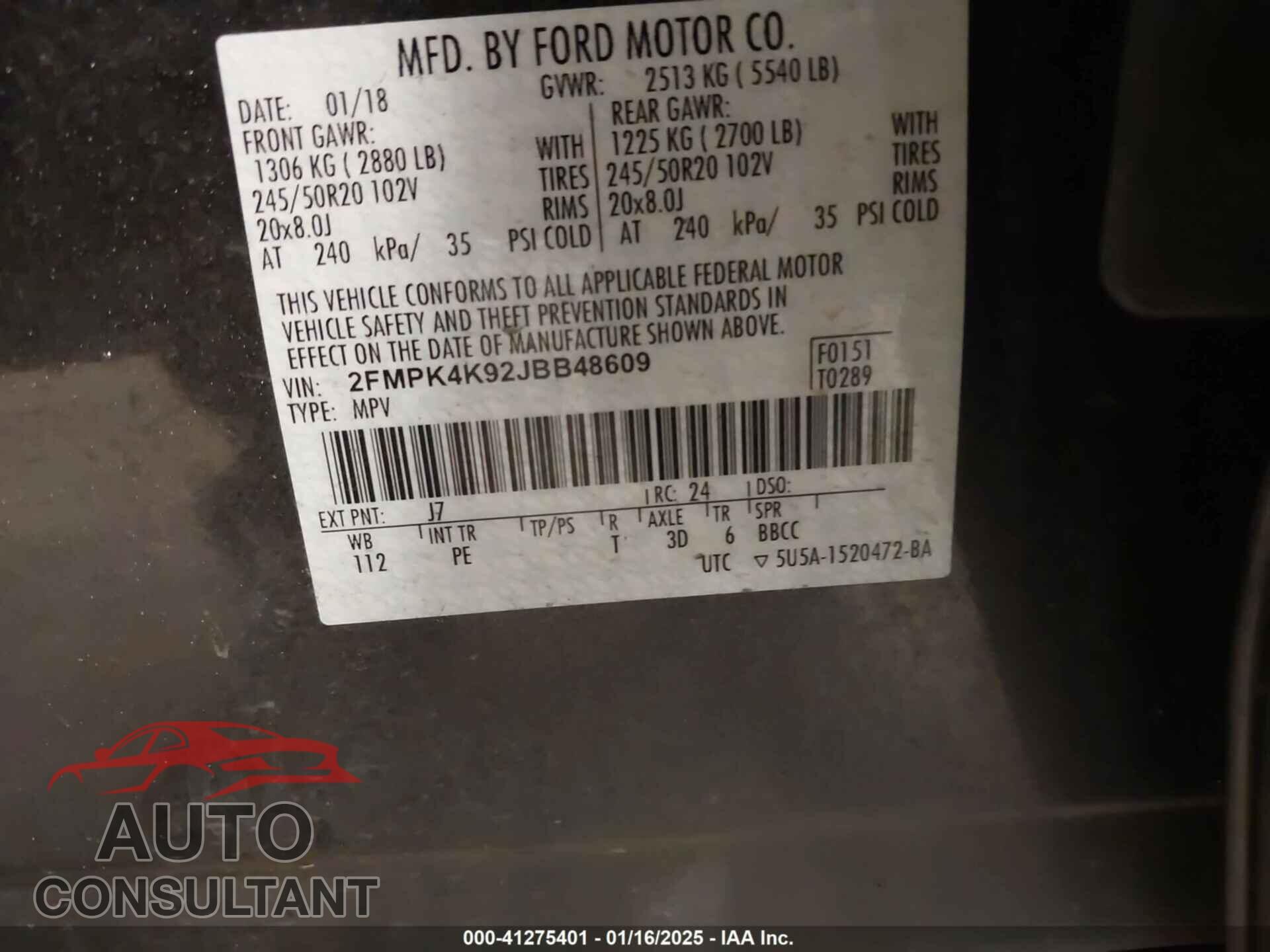 FORD EDGE 2018 - 2FMPK4K92JBB48609